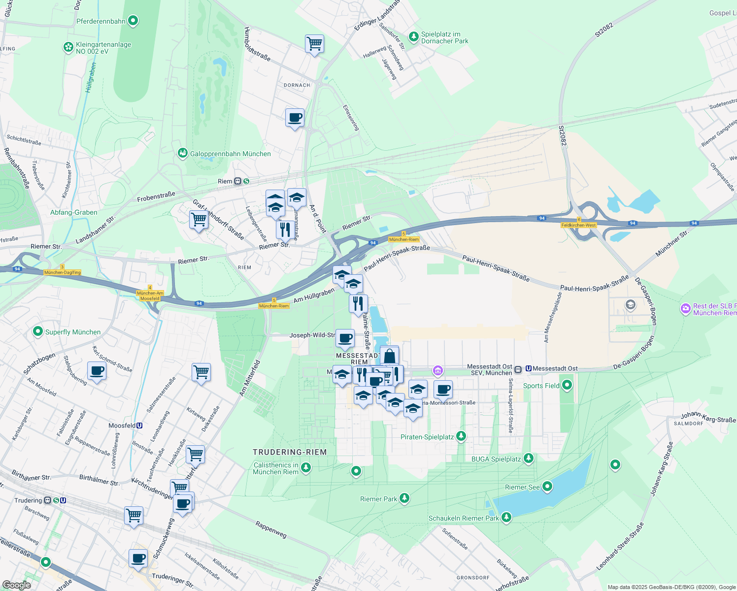 map of restaurants, bars, coffee shops, grocery stores, and more near 9 Olof-Palme-Straße in München