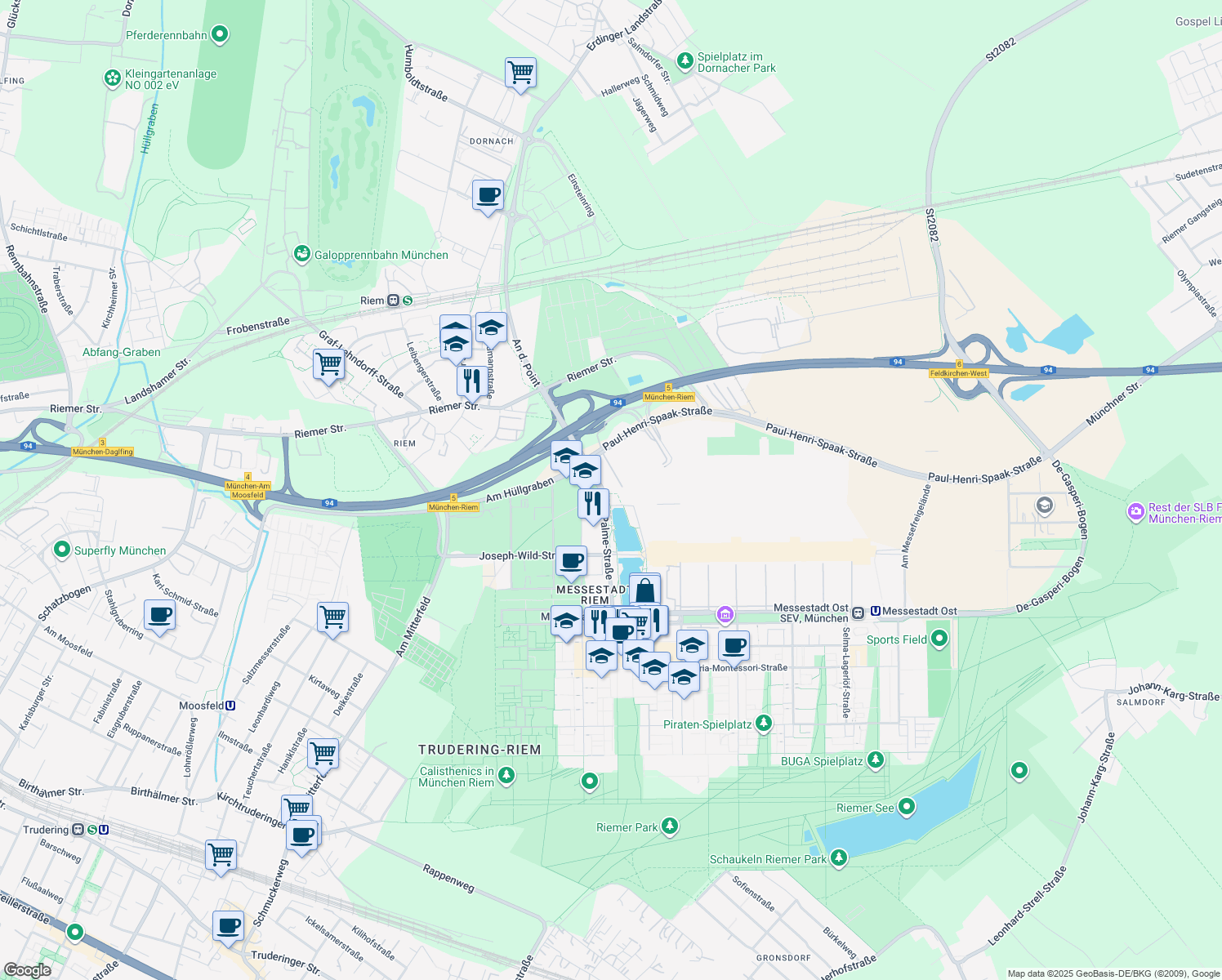 map of restaurants, bars, coffee shops, grocery stores, and more near 9 Olof-Palme-Straße in München