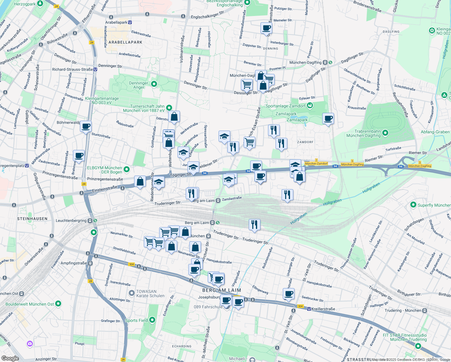 map of restaurants, bars, coffee shops, grocery stores, and more near Hultschiner Straße in München