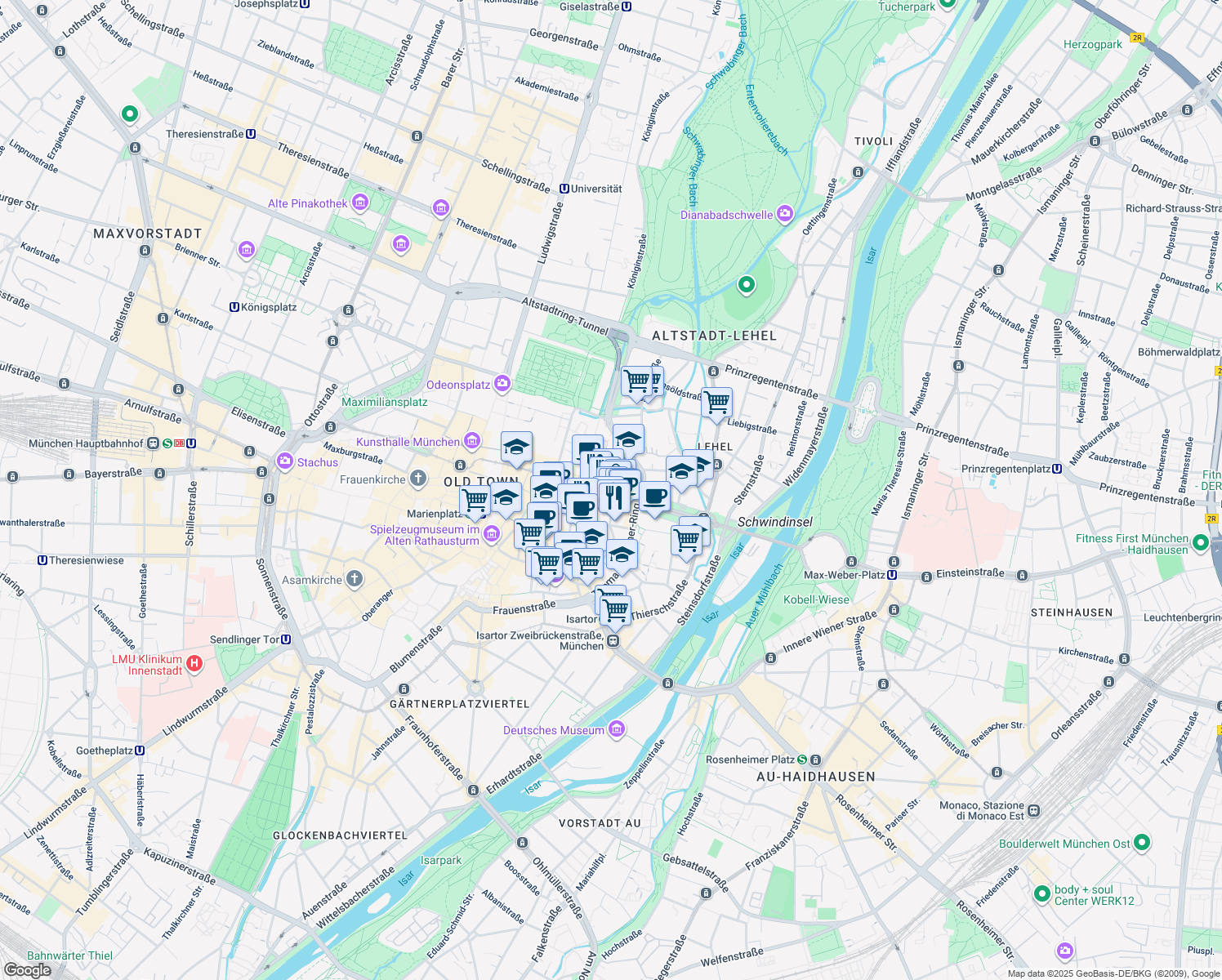 map of restaurants, bars, coffee shops, grocery stores, and more near 27 Maximilianstraße in München