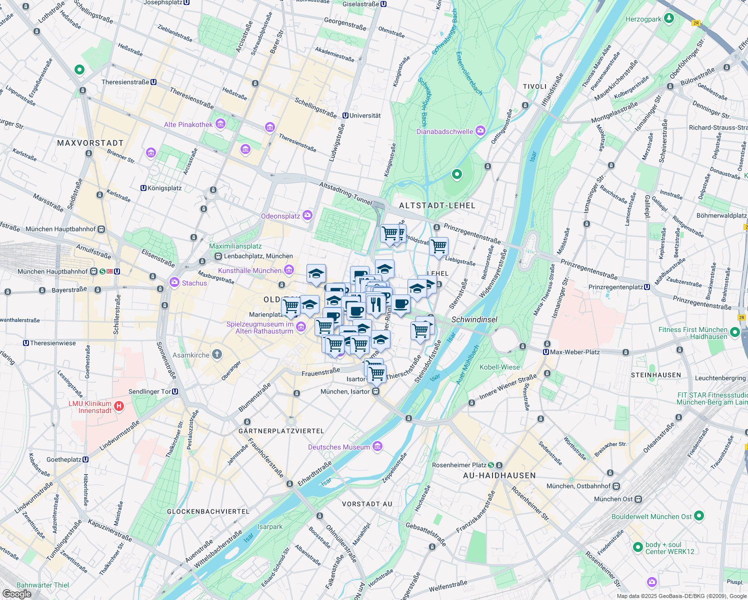 map of restaurants, bars, coffee shops, grocery stores, and more near 27 Maximilianstraße in München