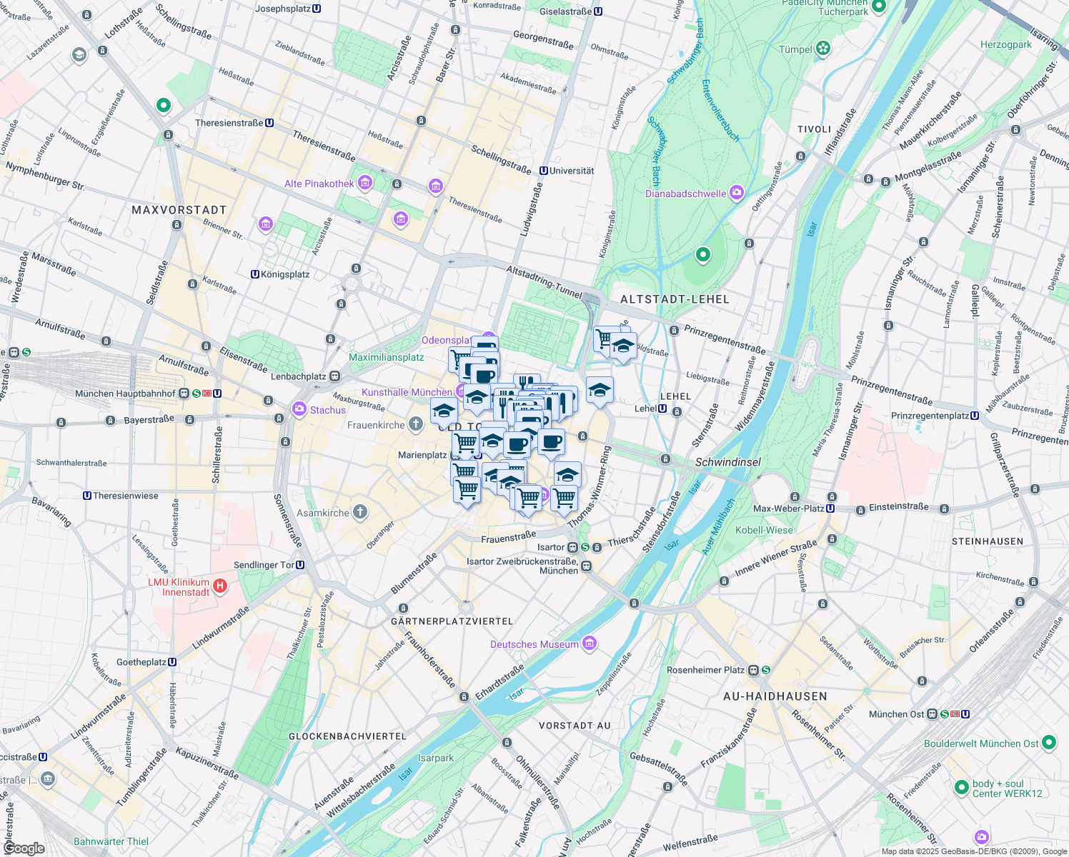 map of restaurants, bars, coffee shops, grocery stores, and more near 12-14 Maximilianstraße in München