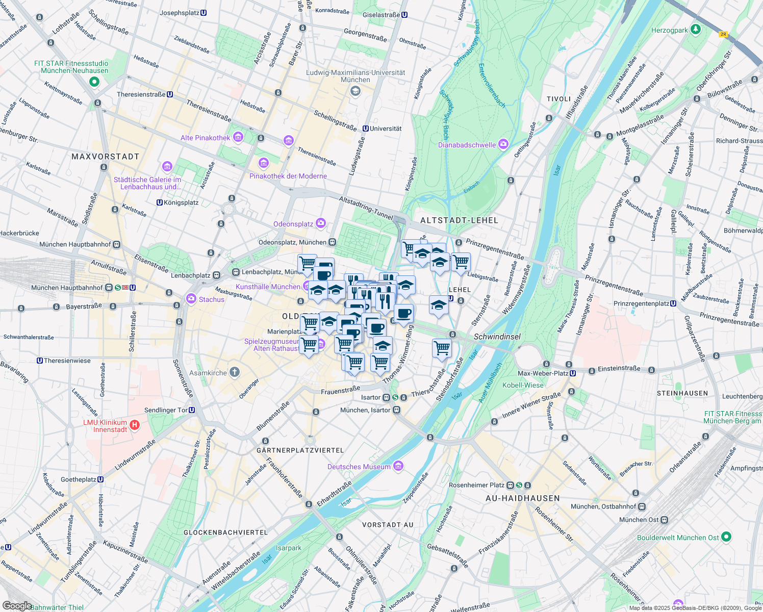 map of restaurants, bars, coffee shops, grocery stores, and more near 17 Maximilianstraße in München
