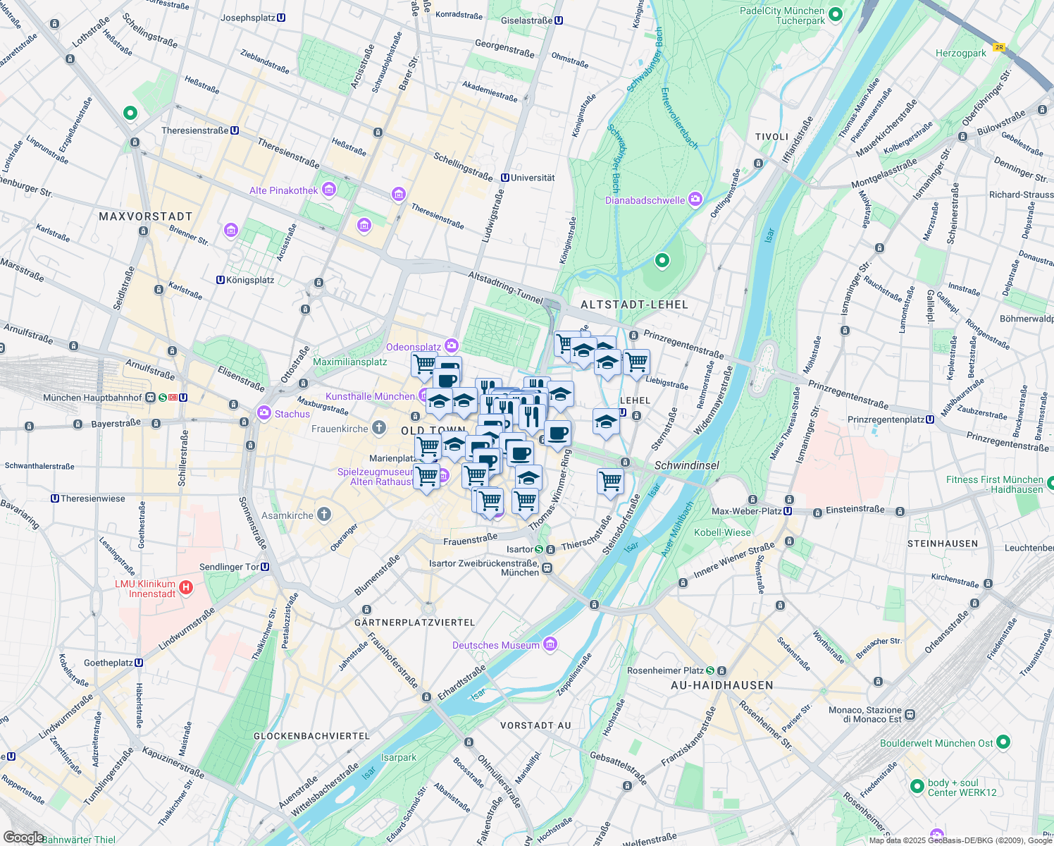 map of restaurants, bars, coffee shops, grocery stores, and more near 17 Maximilianstraße in München