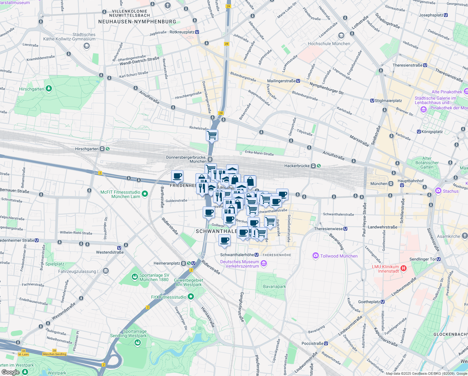 map of restaurants, bars, coffee shops, grocery stores, and more near 88 Landsberger Straße in München