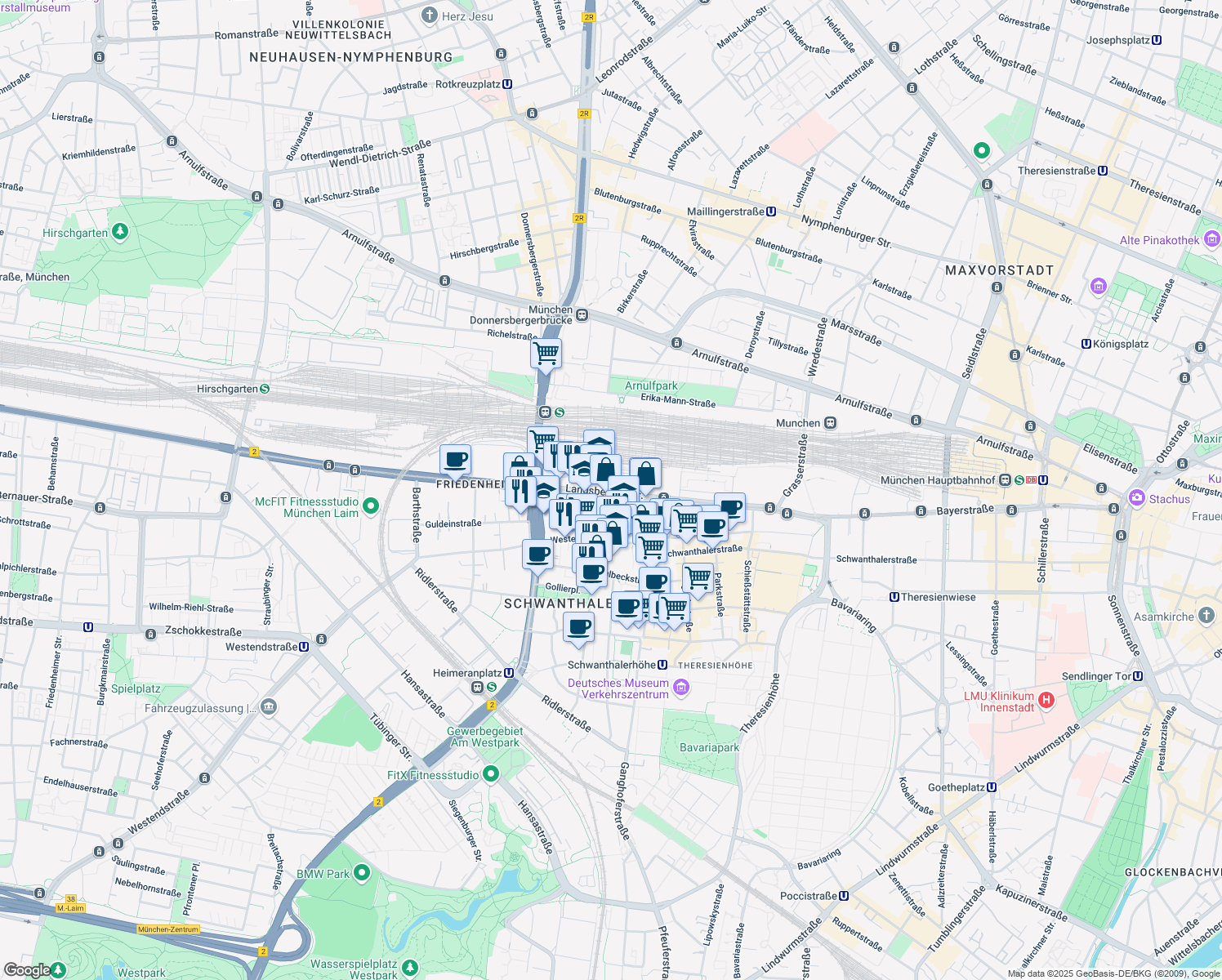 map of restaurants, bars, coffee shops, grocery stores, and more near 88 Landsberger Straße in München