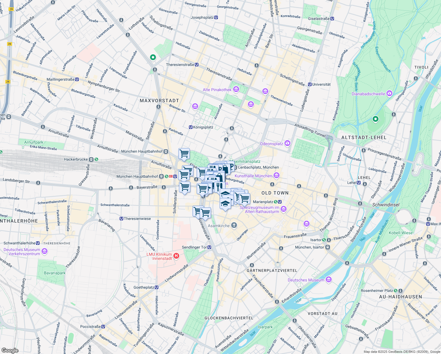 map of restaurants, bars, coffee shops, grocery stores, and more near 8 Lenbachplatz in München