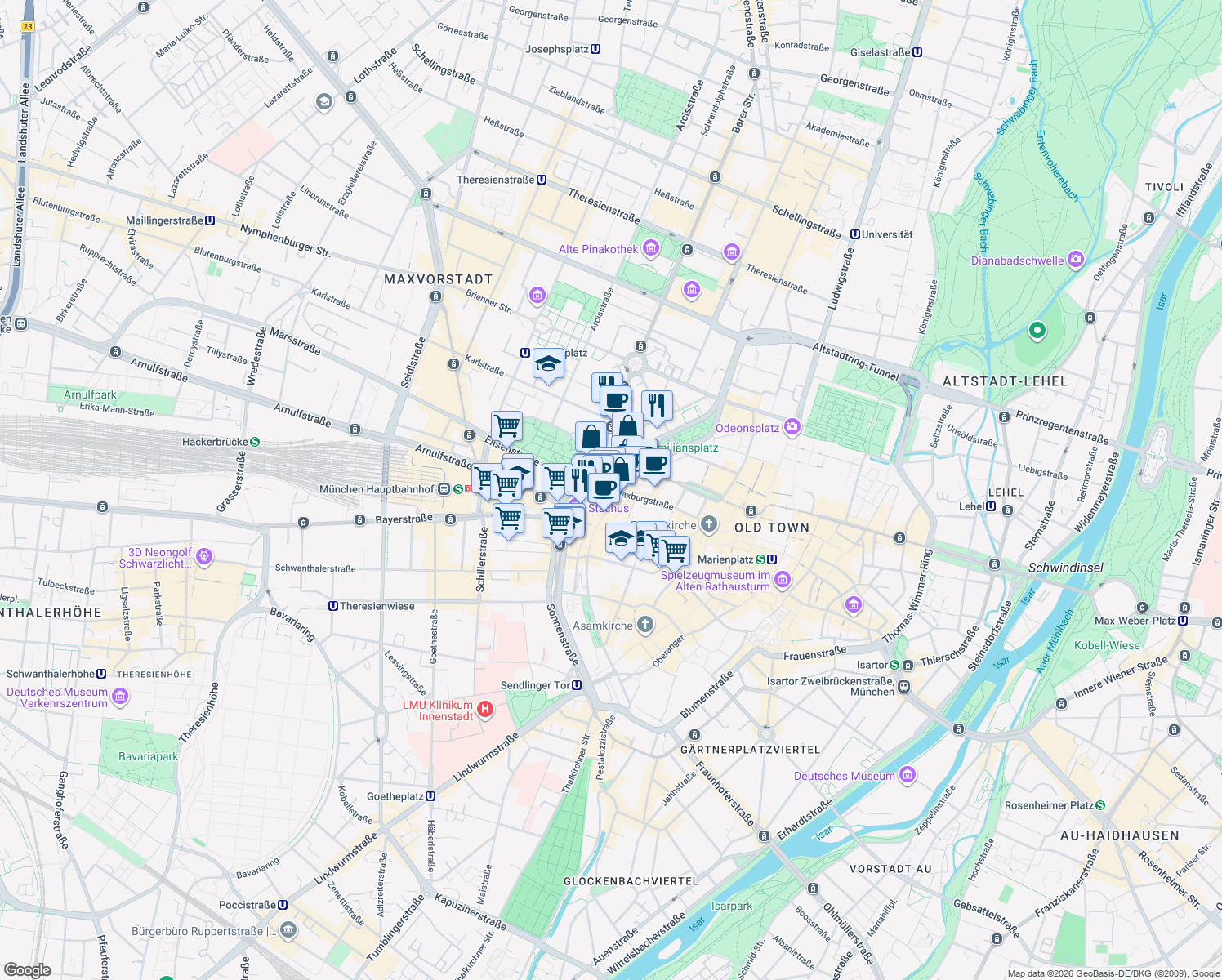 map of restaurants, bars, coffee shops, grocery stores, and more near 8 Lenbachplatz in München