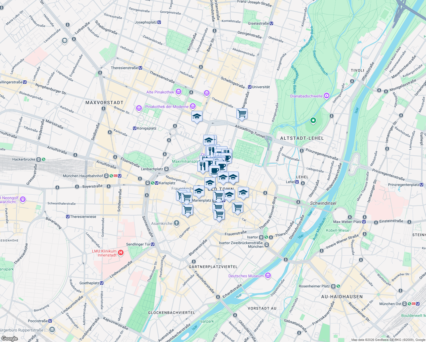map of restaurants, bars, coffee shops, grocery stores, and more near 15 Theatinerstraße in München