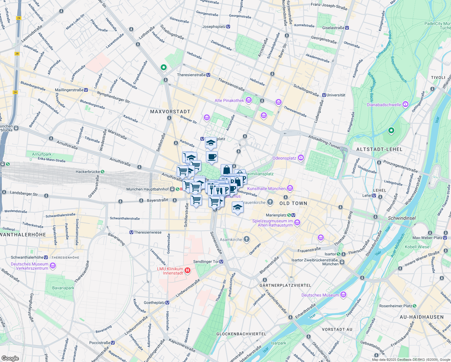map of restaurants, bars, coffee shops, grocery stores, and more near 1 Lenbachplatz in München
