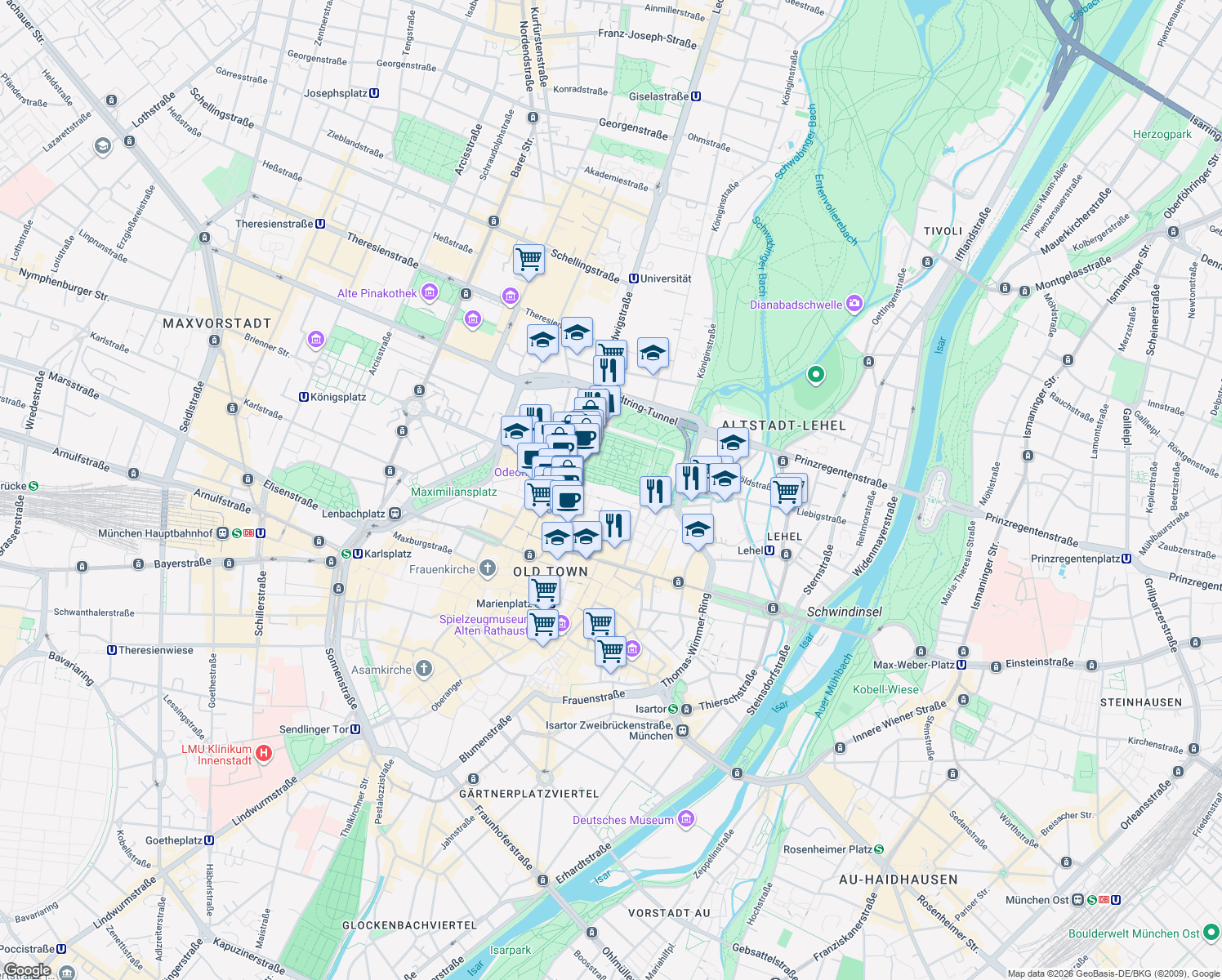 map of restaurants, bars, coffee shops, grocery stores, and more near 1 Residenzstraße in Munich