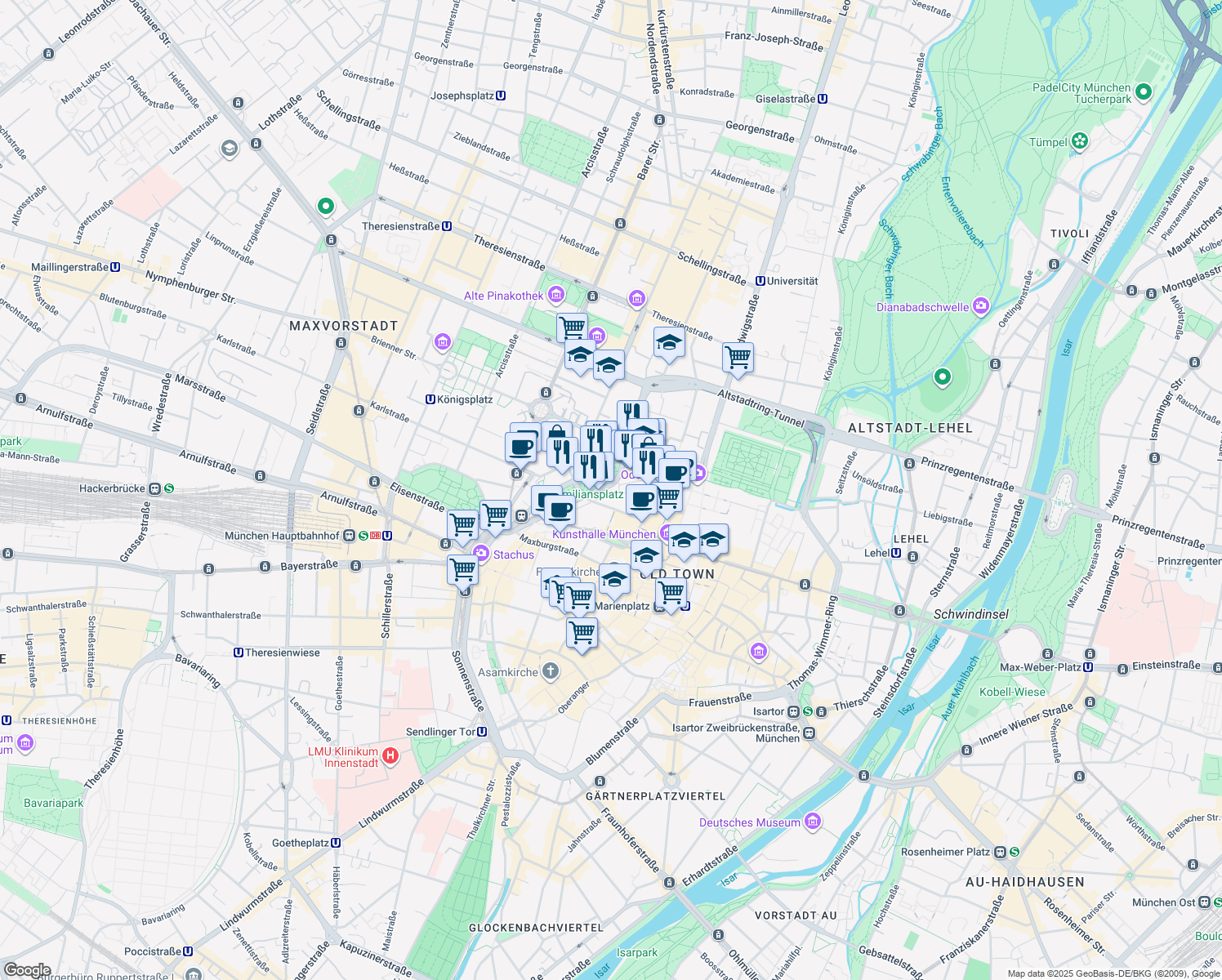 map of restaurants, bars, coffee shops, grocery stores, and more near 13 Maximiliansplatz in Munich