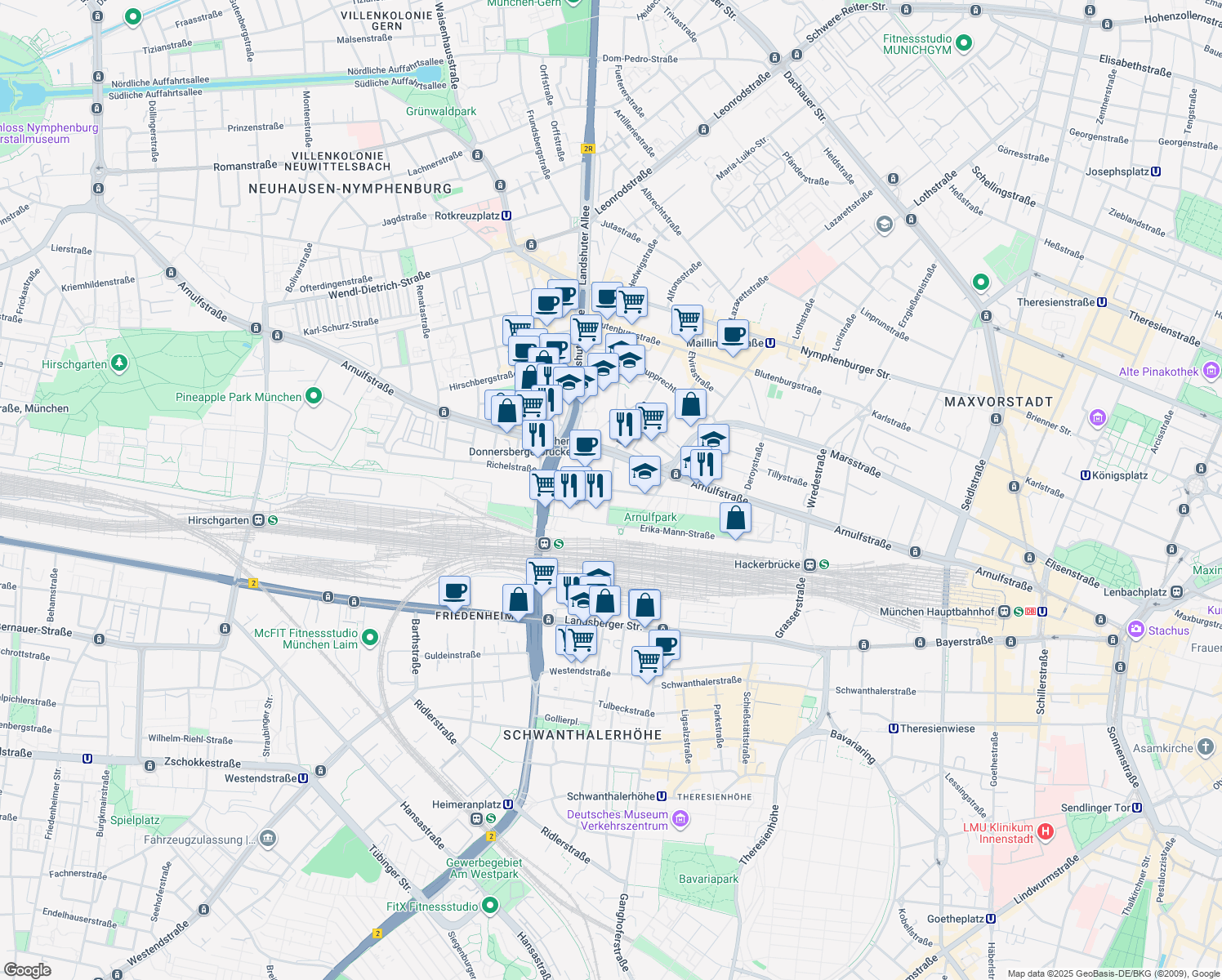 map of restaurants, bars, coffee shops, grocery stores, and more near Luise-Ullrich-Straße in München