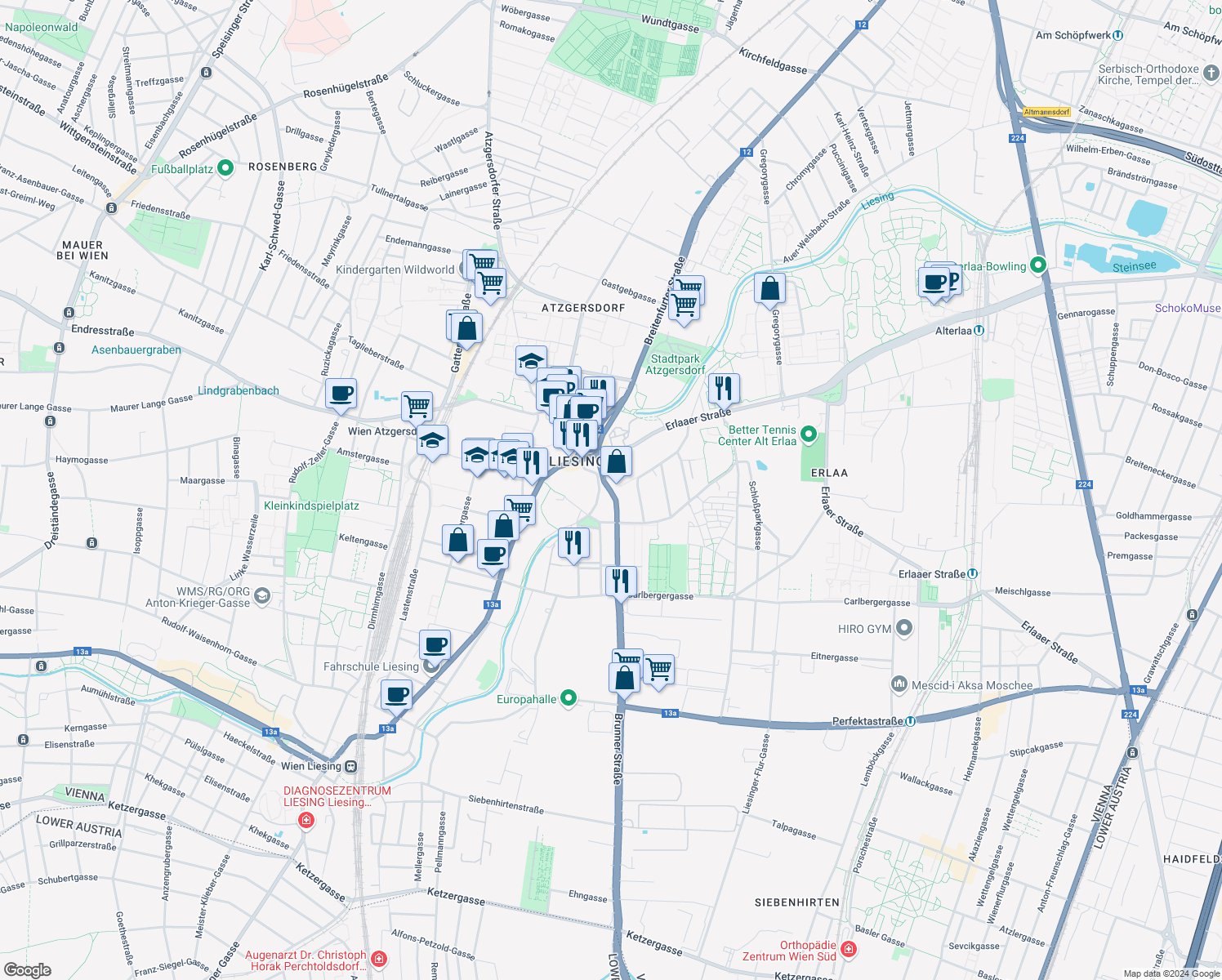 map of restaurants, bars, coffee shops, grocery stores, and more near in Vienna