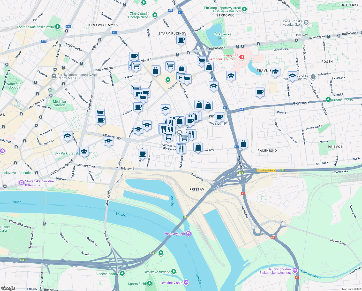 map of restaurants, bars, coffee shops, grocery stores, and more near 55 Mlynské nivy in Bratislava II