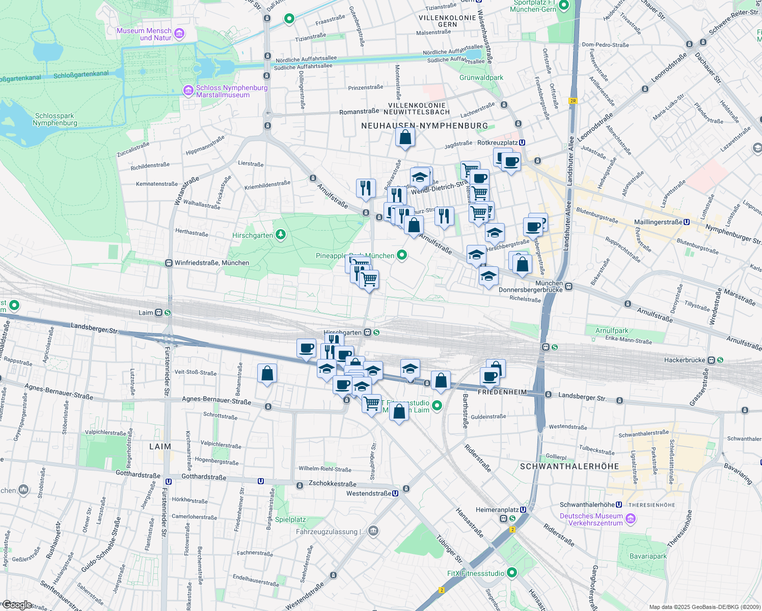 map of restaurants, bars, coffee shops, grocery stores, and more near 36 Birketweg in München