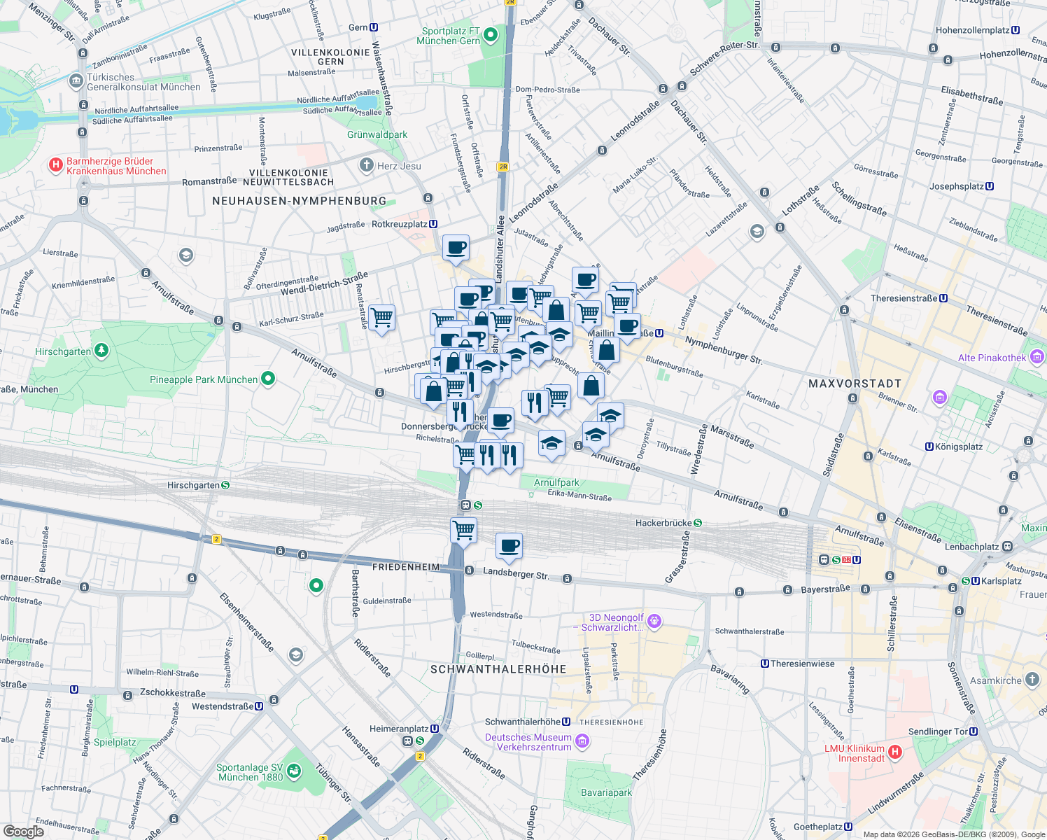 map of restaurants, bars, coffee shops, grocery stores, and more near 122 Arnulfstraße in München