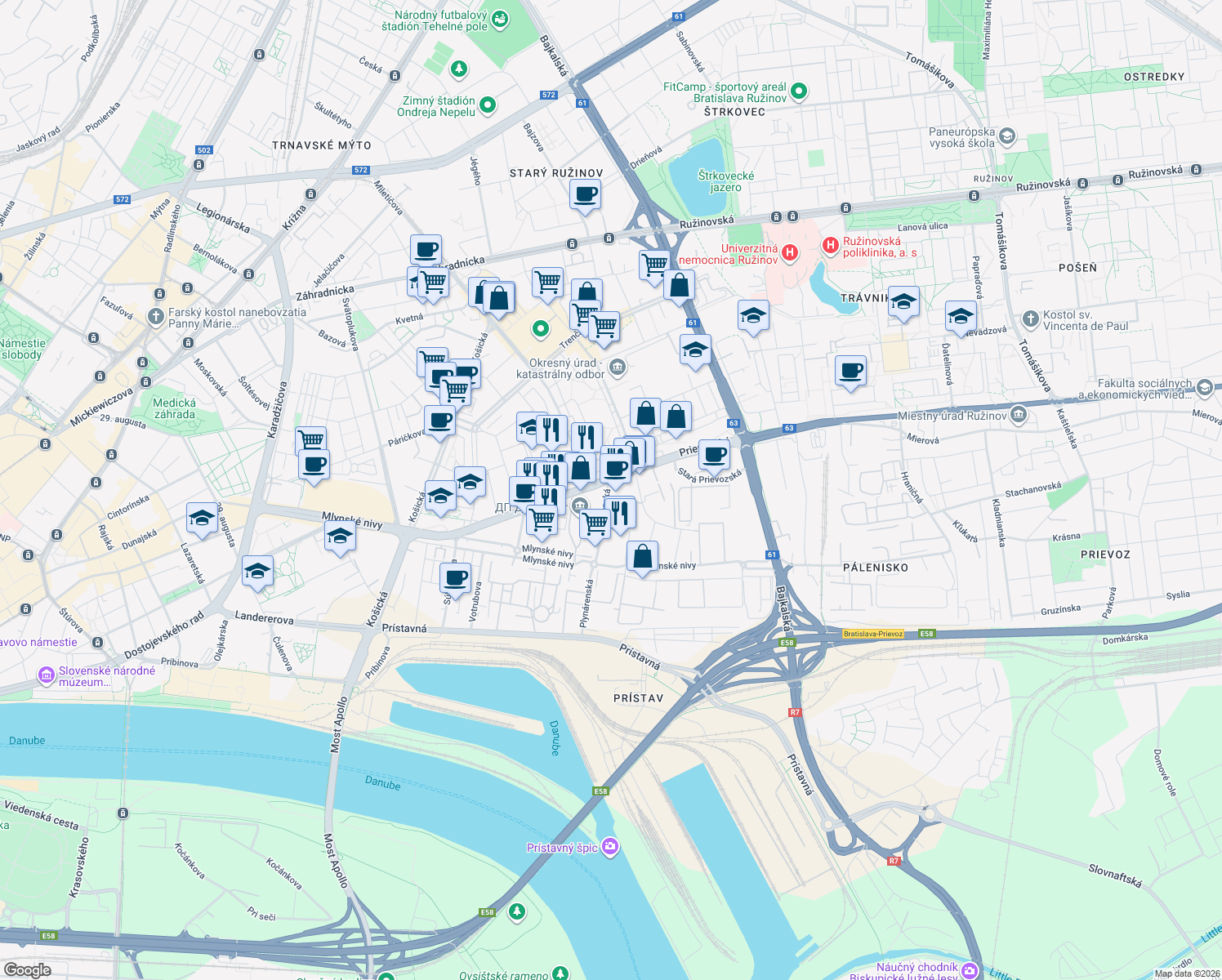 map of restaurants, bars, coffee shops, grocery stores, and more near in Bratislava