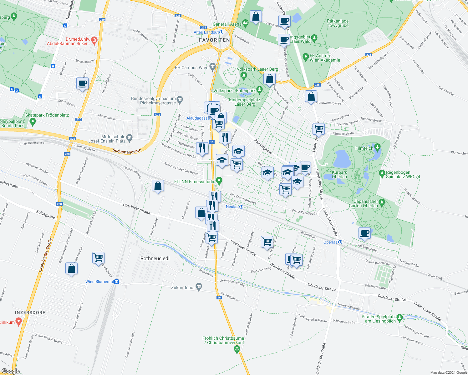 map of restaurants, bars, coffee shops, grocery stores, and more near 59 Adolf-Unger-Gasse in Vienna