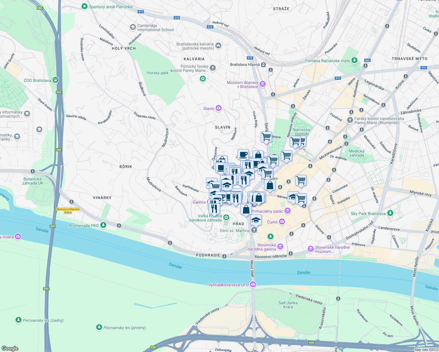 map of restaurants, bars, coffee shops, grocery stores, and more near 29 Palisády in Bratislava I