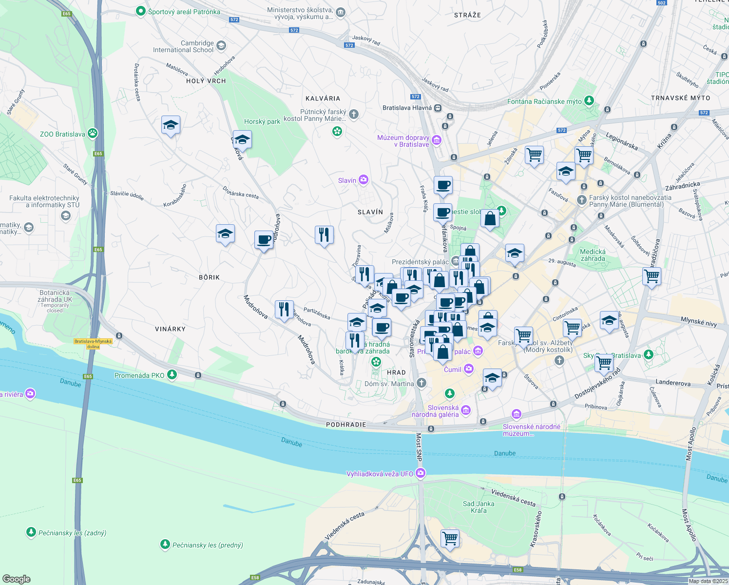 map of restaurants, bars, coffee shops, grocery stores, and more near 29 Palisády in Bratislava I