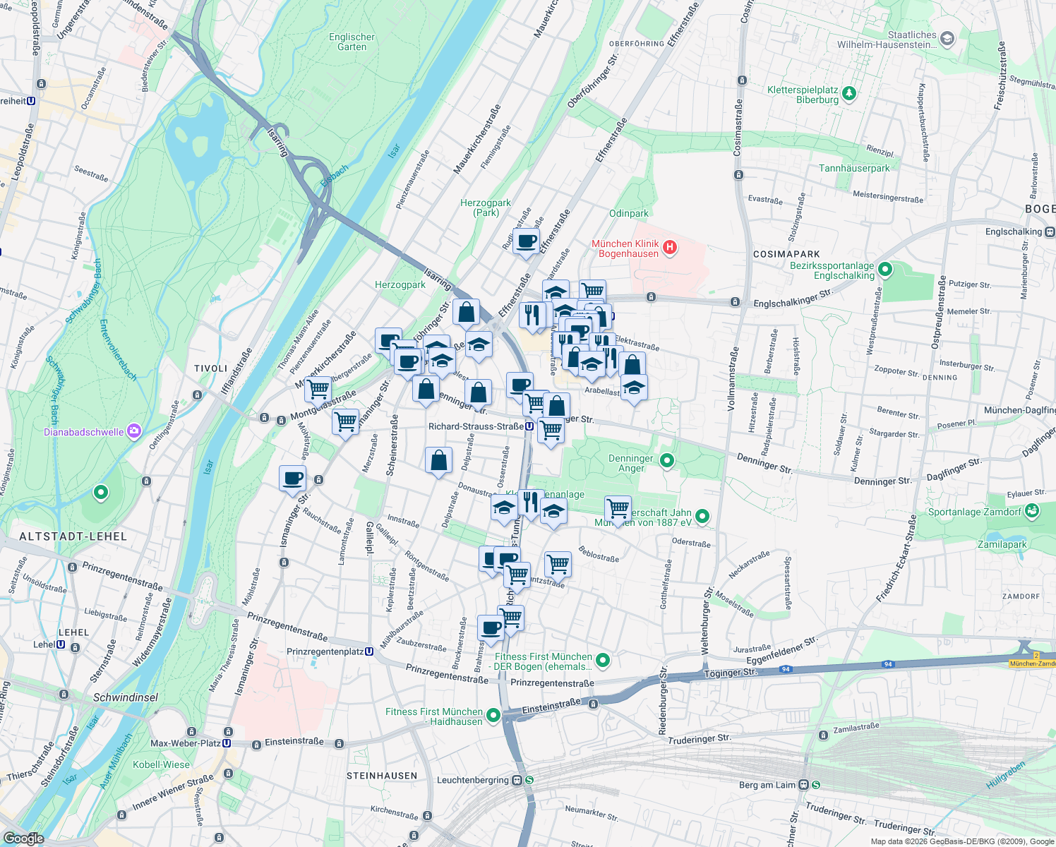 map of restaurants, bars, coffee shops, grocery stores, and more near in München