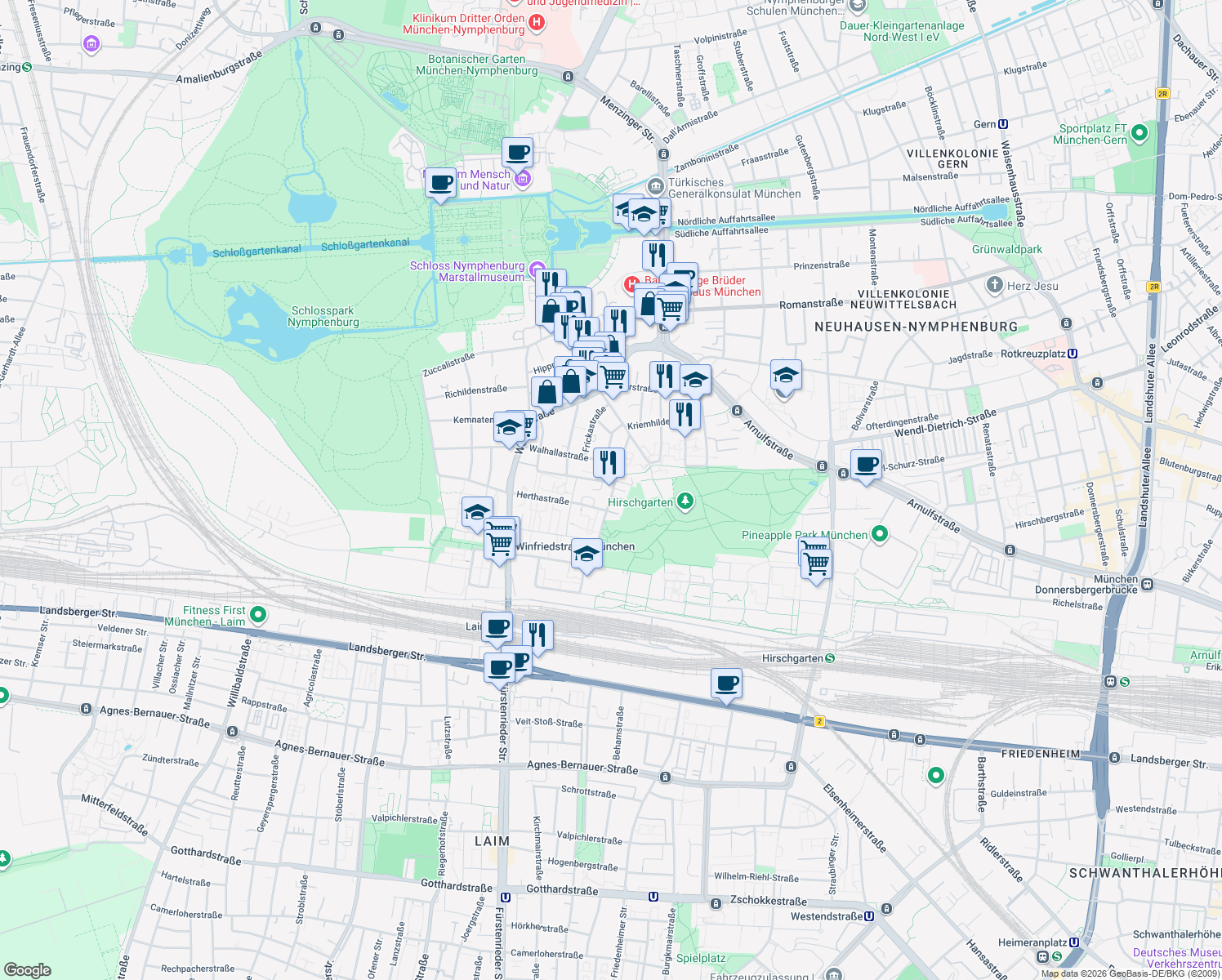 map of restaurants, bars, coffee shops, grocery stores, and more near 10 De-la-Paz-Straße in München