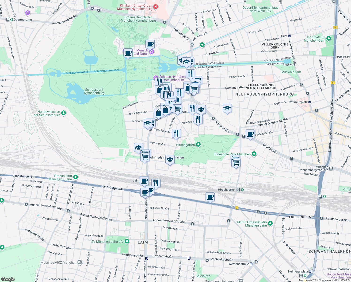 map of restaurants, bars, coffee shops, grocery stores, and more near 10 De-la-Paz-Straße in München