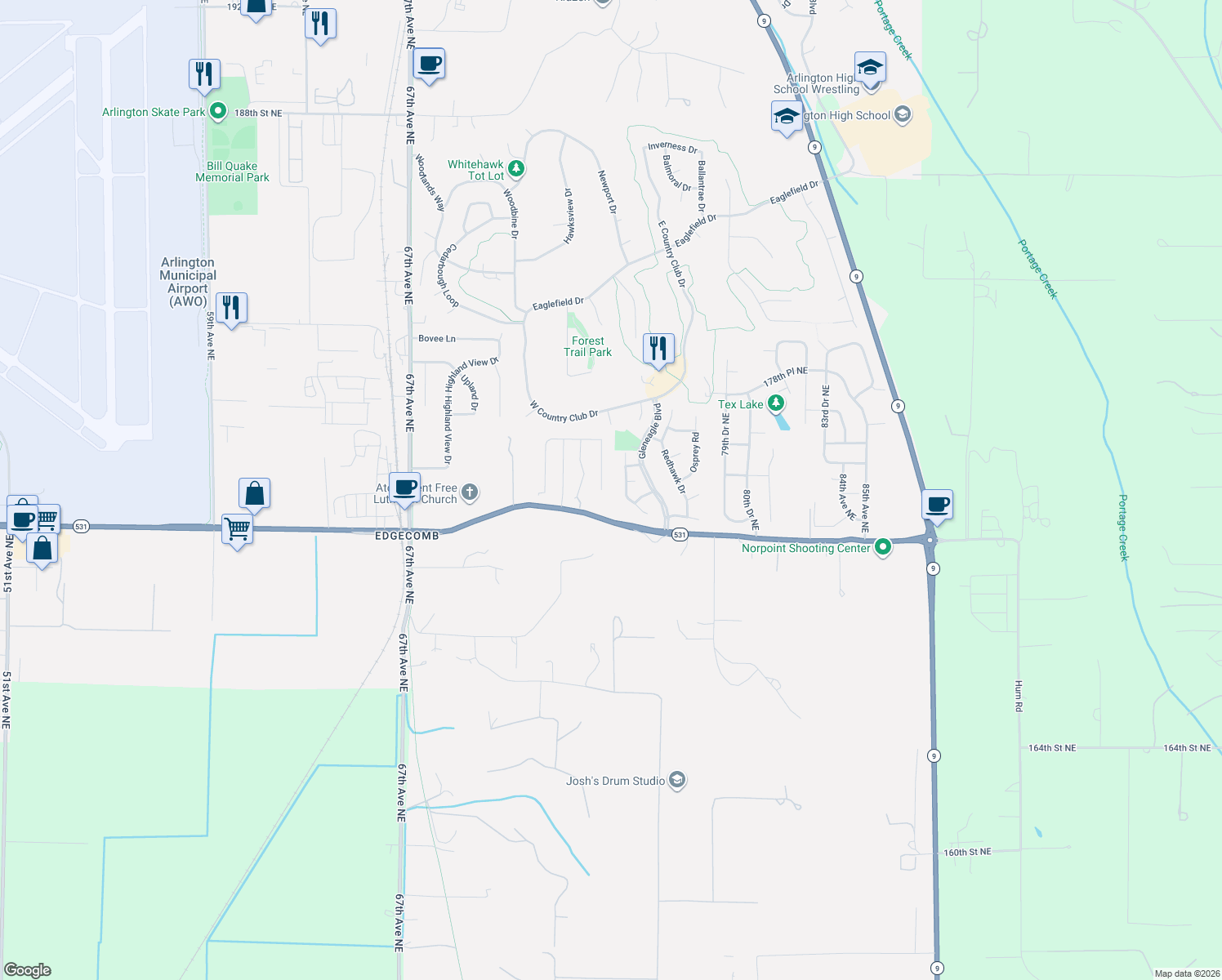 map of restaurants, bars, coffee shops, grocery stores, and more near 17323 74th Drive Northeast in Arlington
