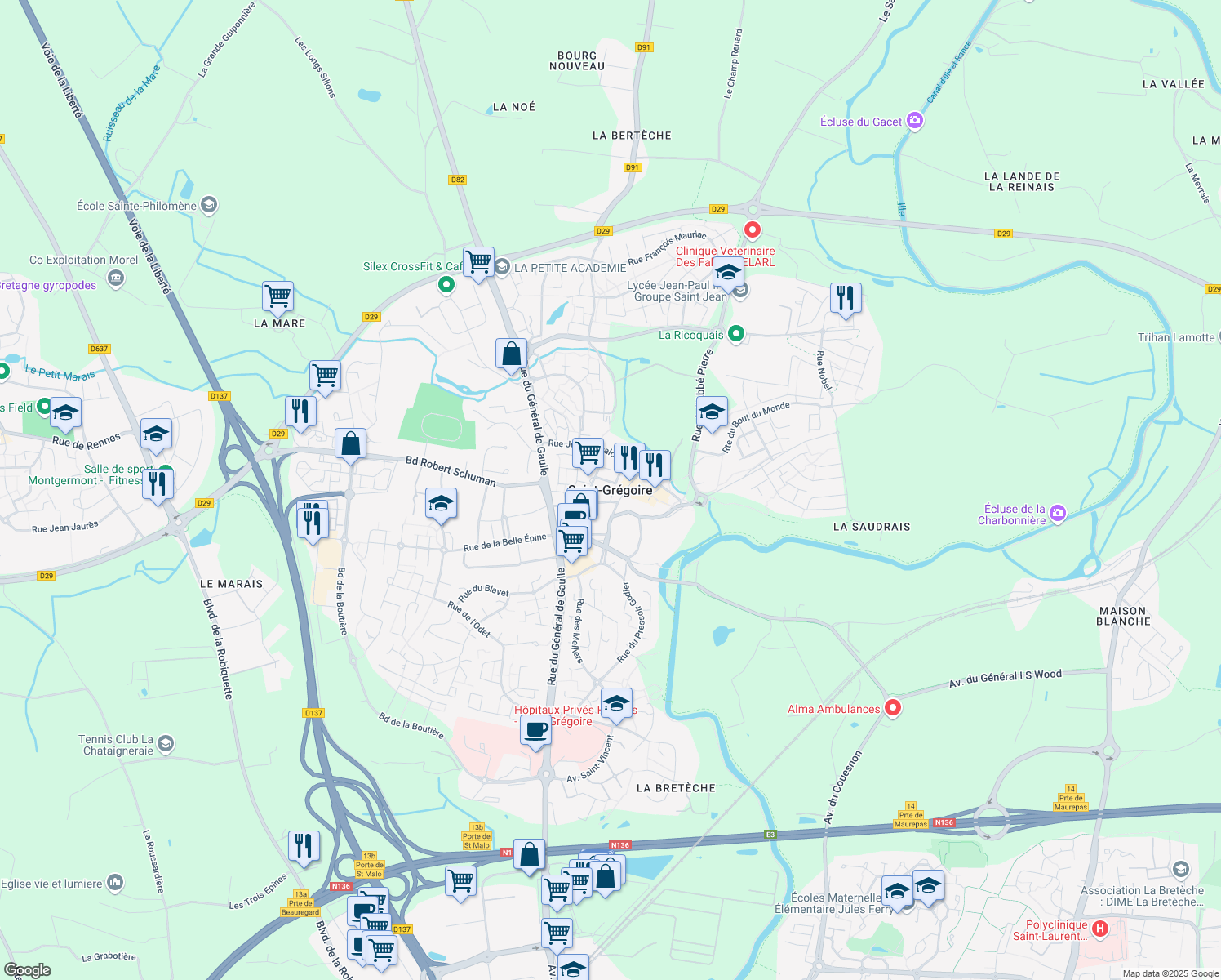 map of restaurants, bars, coffee shops, grocery stores, and more near in Saint-Grégoire