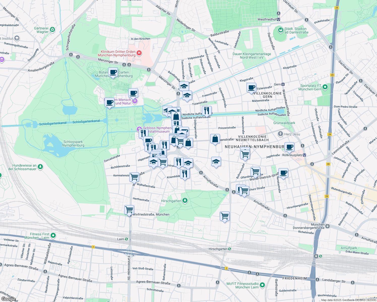 map of restaurants, bars, coffee shops, grocery stores, and more near 84 Nibelungenstraße in Munich