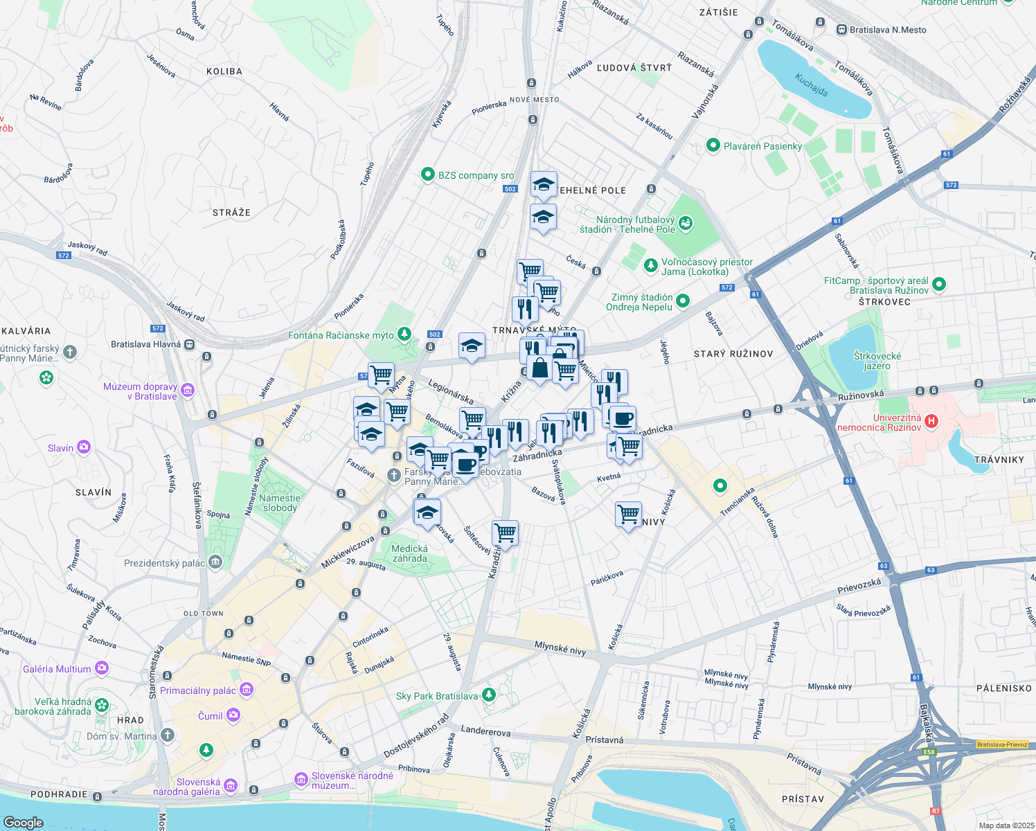 map of restaurants, bars, coffee shops, grocery stores, and more near in Bratislava
