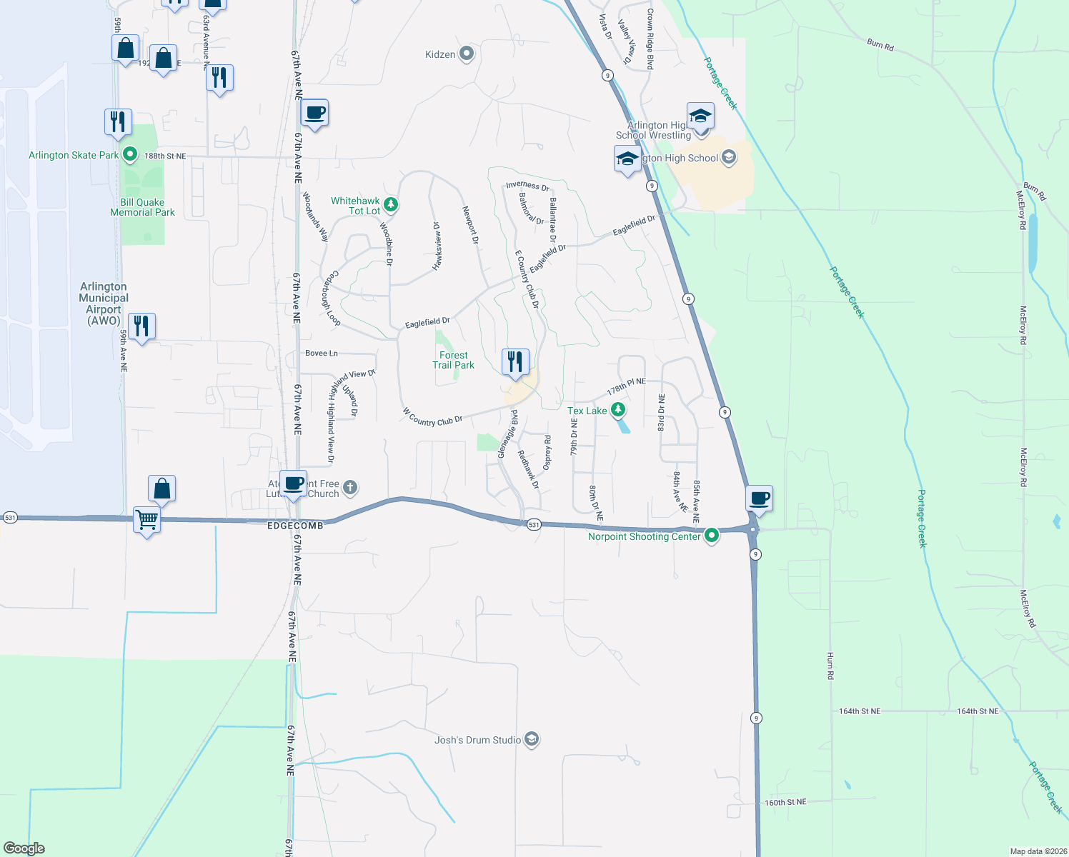 map of restaurants, bars, coffee shops, grocery stores, and more near 7725 Perregrine Pl in Arlington