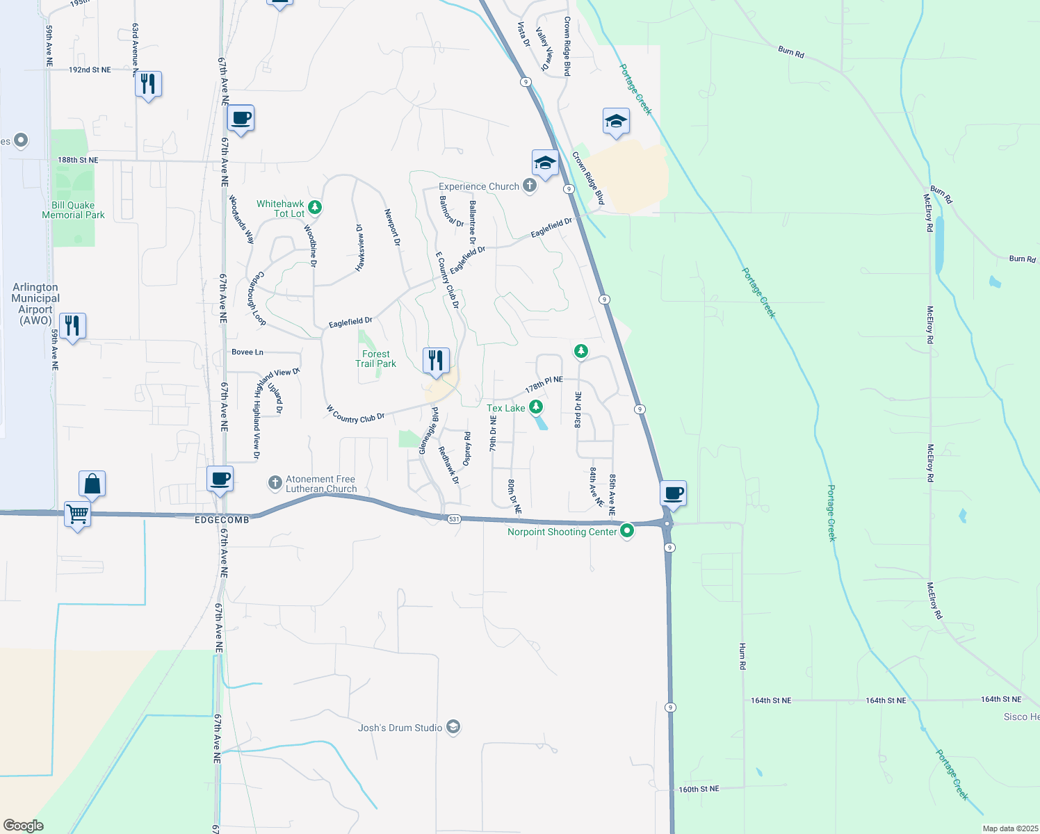 map of restaurants, bars, coffee shops, grocery stores, and more near 17625 80th Drive Northeast in Arlington