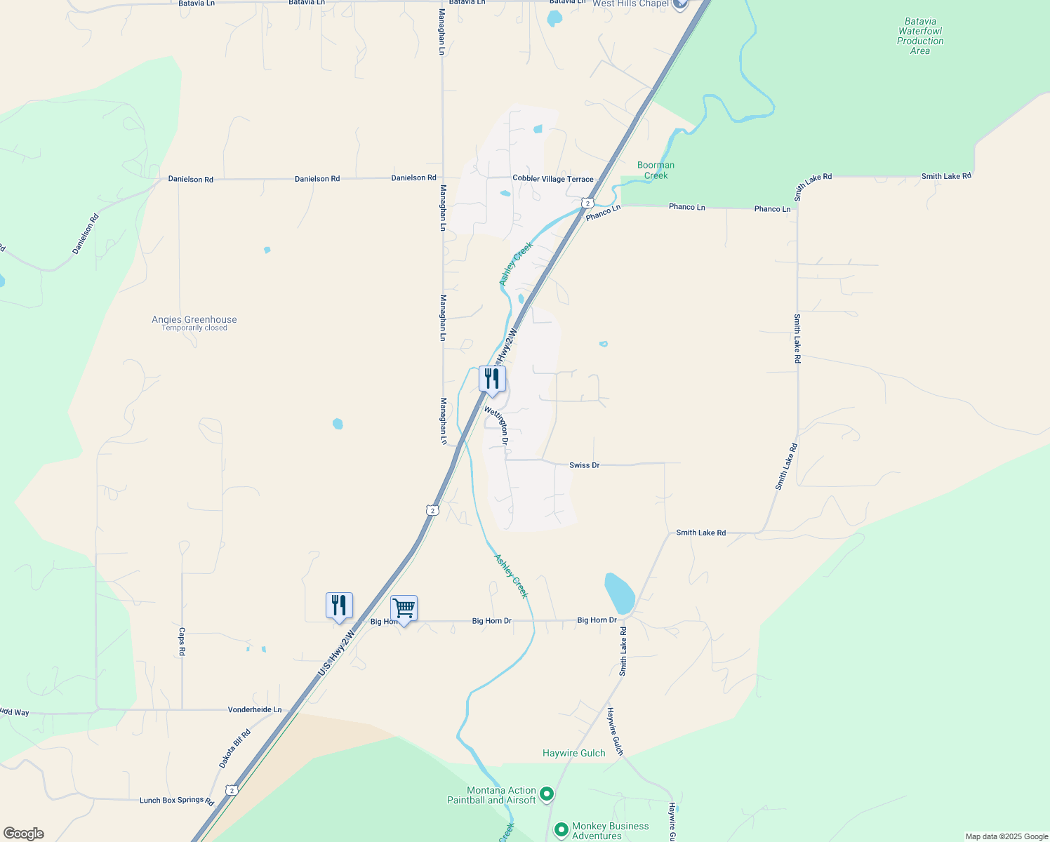 map of restaurants, bars, coffee shops, grocery stores, and more near 83 Wettington Dr in Kalispell