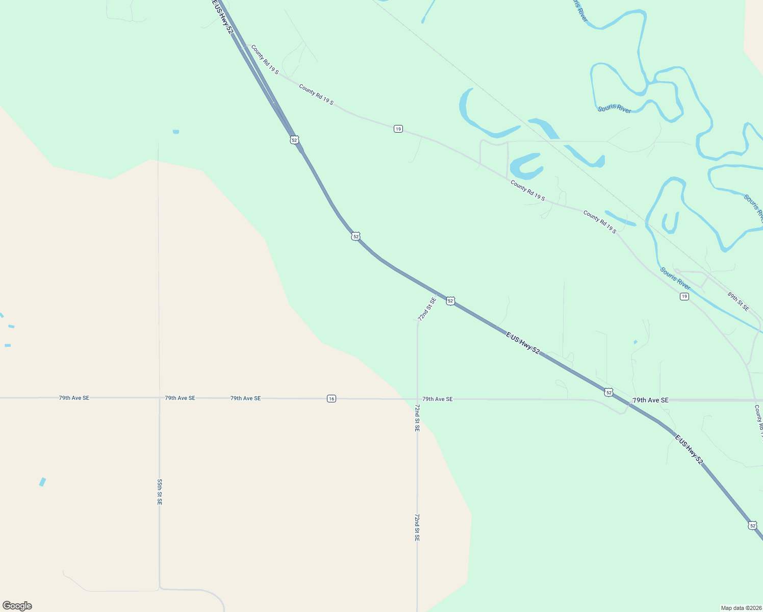 map of restaurants, bars, coffee shops, grocery stores, and more near U.S. 52 in Minot