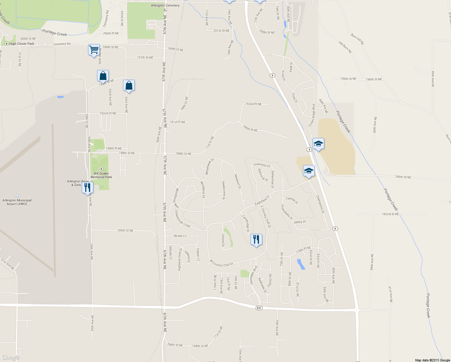 map of restaurants, bars, coffee shops, grocery stores, and more near 18433 Hawksview Drive in Arlington