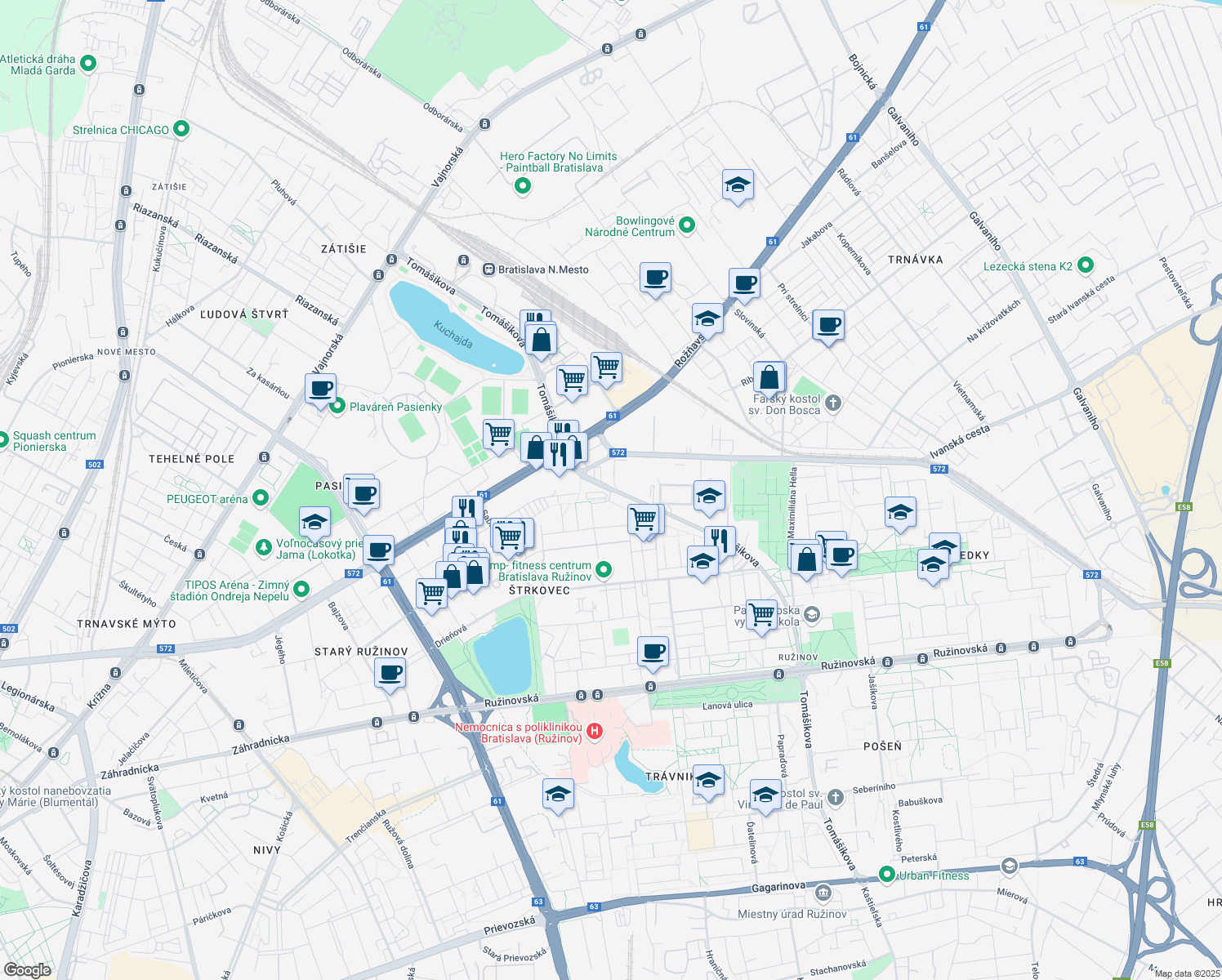map of restaurants, bars, coffee shops, grocery stores, and more near Tomášikova in Bratislava