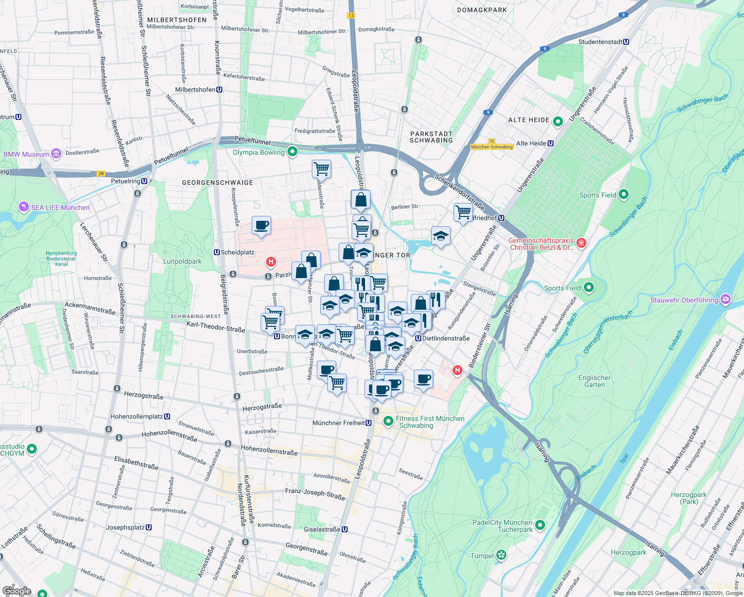 map of restaurants, bars, coffee shops, grocery stores, and more near Parkplatz LIDL/Kistenpfennig in München