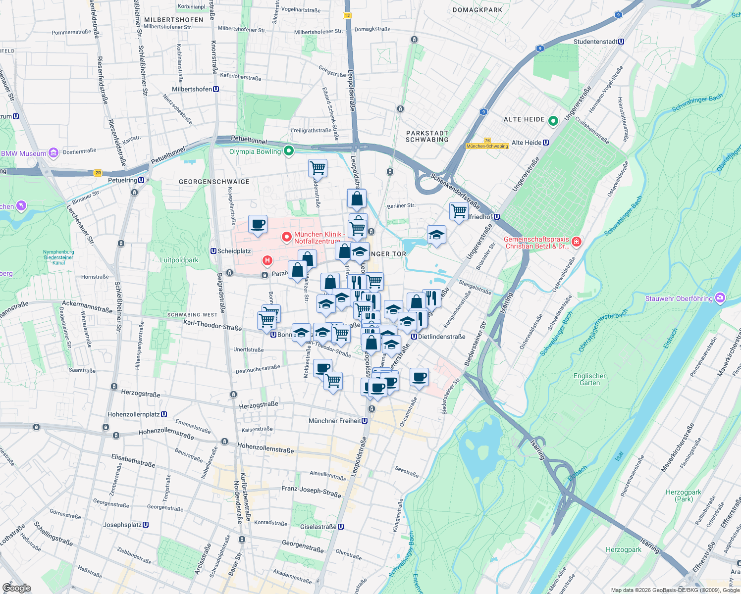 map of restaurants, bars, coffee shops, grocery stores, and more near Parkplatz LIDL/Kistenpfennig in München