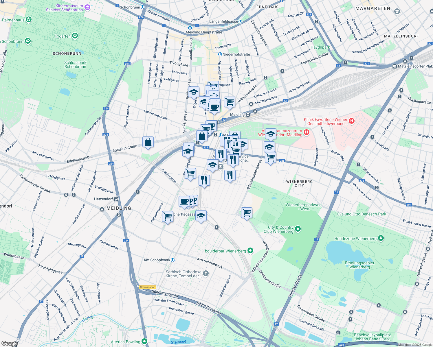 map of restaurants, bars, coffee shops, grocery stores, and more near 25 Pottendorfer Straße in Wien
