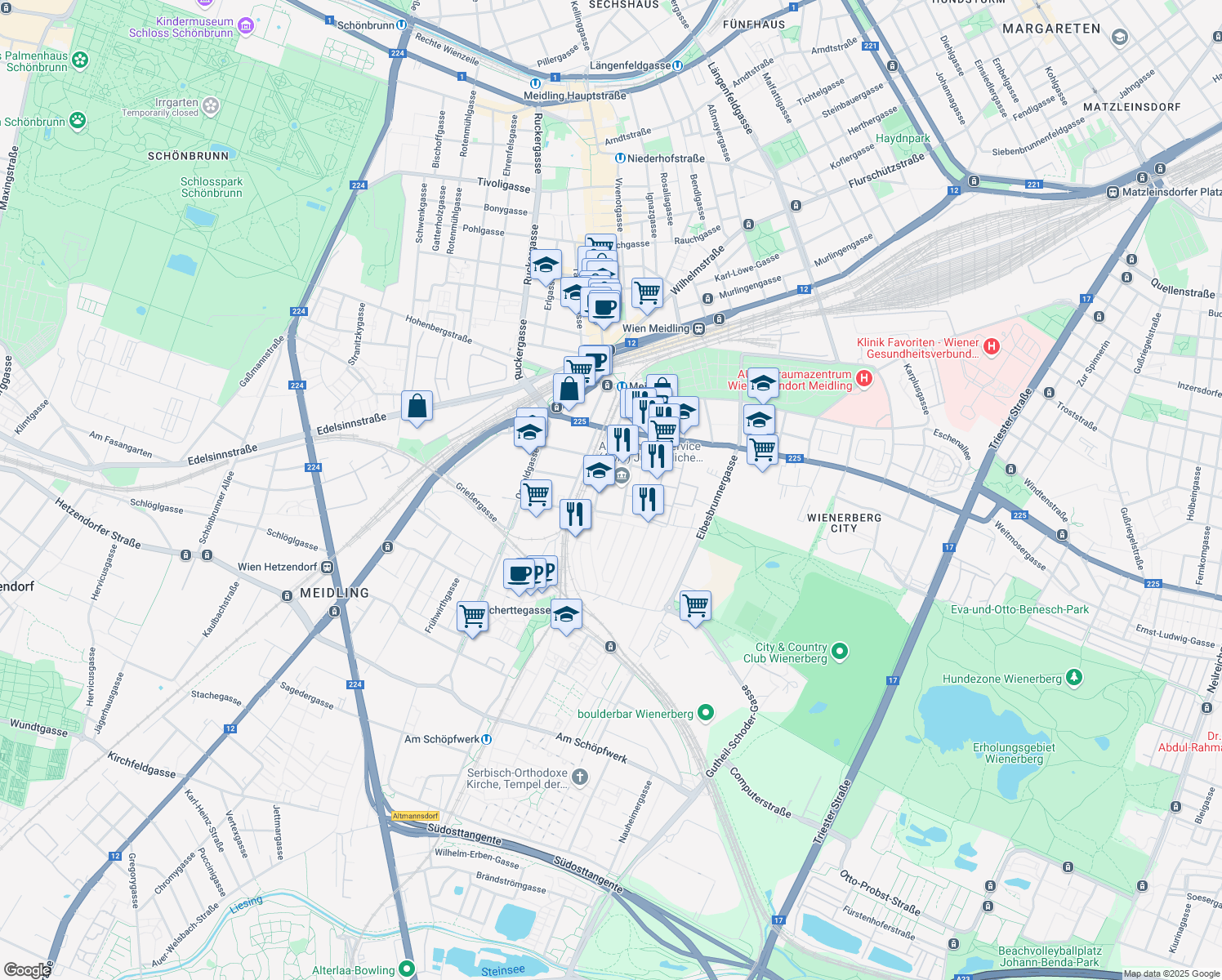 map of restaurants, bars, coffee shops, grocery stores, and more near 25 Pottendorfer Straße in Wien
