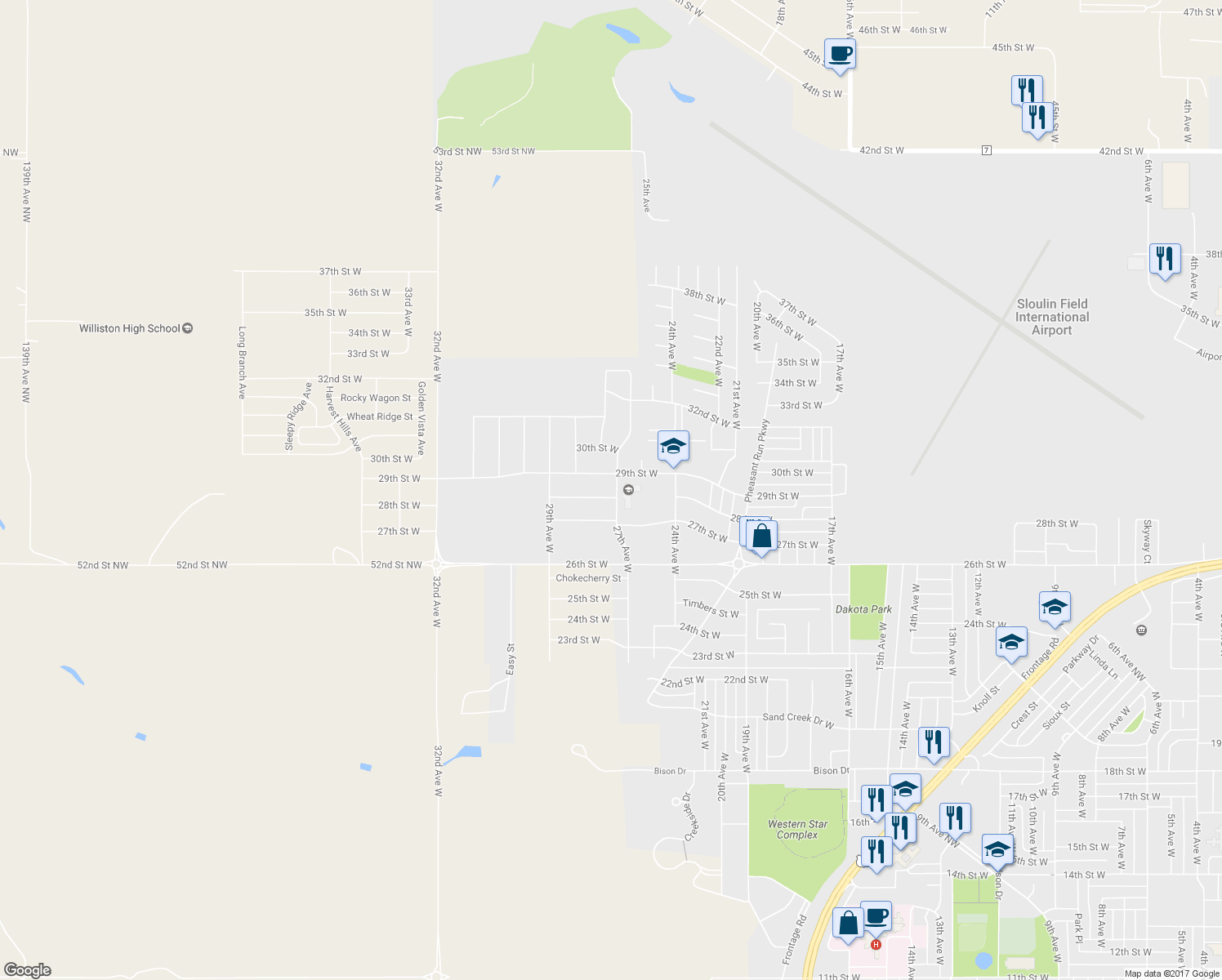 map of restaurants, bars, coffee shops, grocery stores, and more near 2811 27th Avenue West in Williston