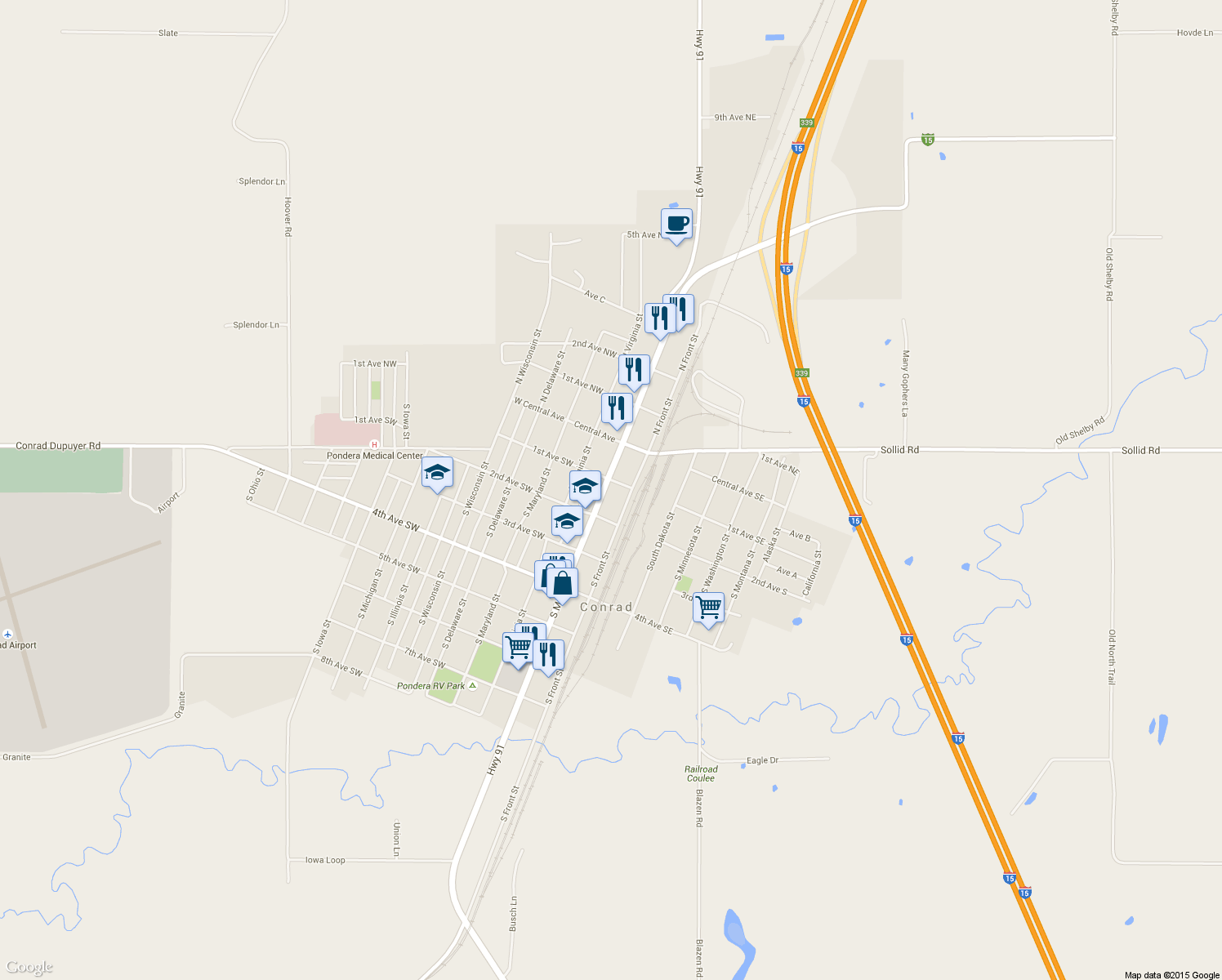 map of restaurants, bars, coffee shops, grocery stores, and more near 107 South Main Street in Conrad