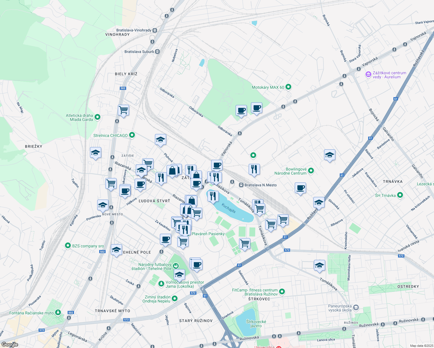 map of restaurants, bars, coffee shops, grocery stores, and more near Tomášikova in Bratislava