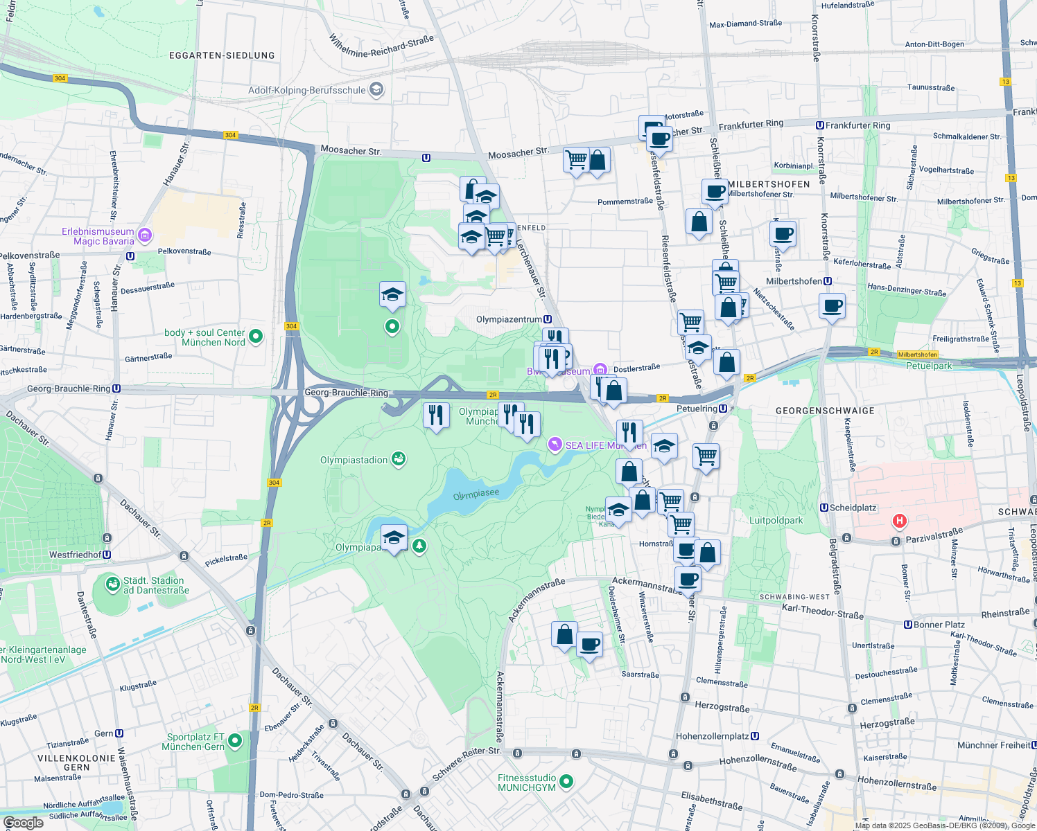 map of restaurants, bars, coffee shops, grocery stores, and more near 21 Spiridon-Louis-Ring in München