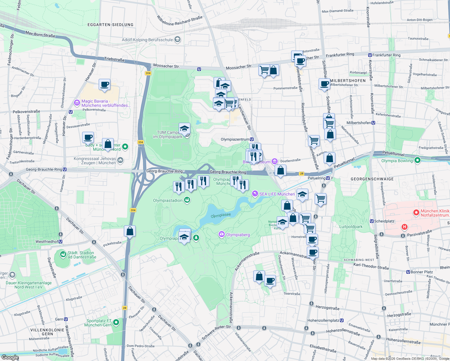 map of restaurants, bars, coffee shops, grocery stores, and more near 21 Spiridon-Louis-Ring in München