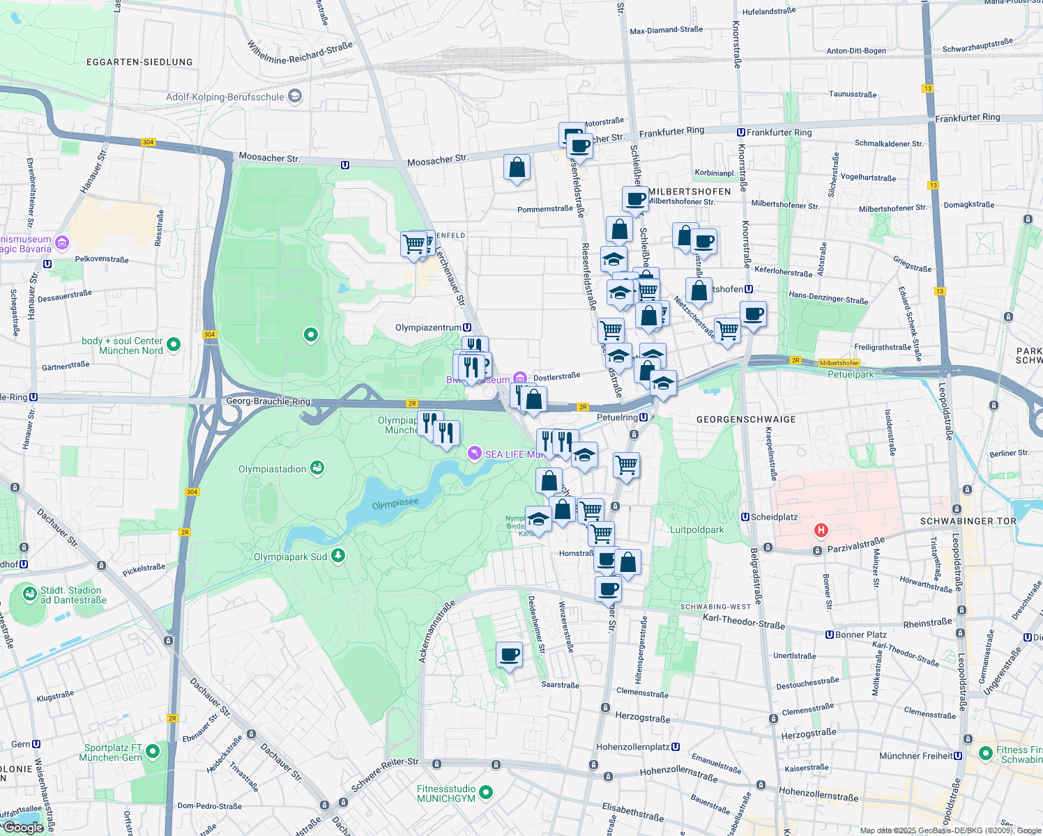 map of restaurants, bars, coffee shops, grocery stores, and more near 110 Lerchenauer Straße in München