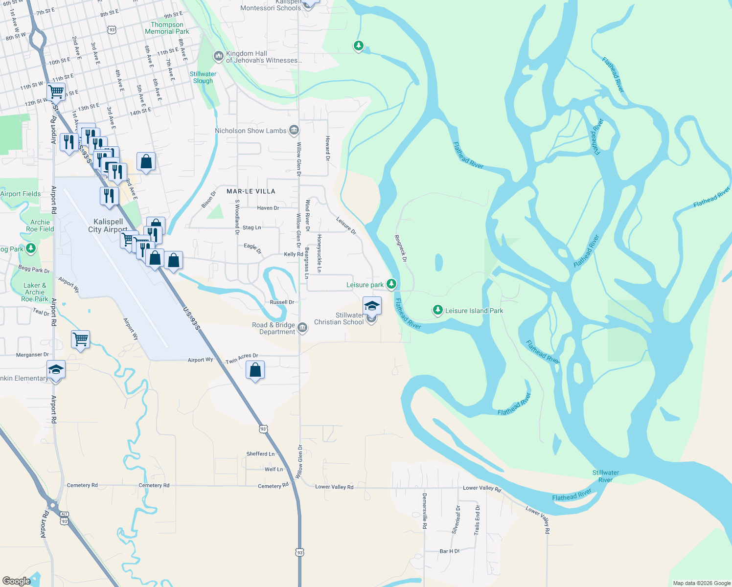 map of restaurants, bars, coffee shops, grocery stores, and more near 682 Leisure Dr in Kalispell