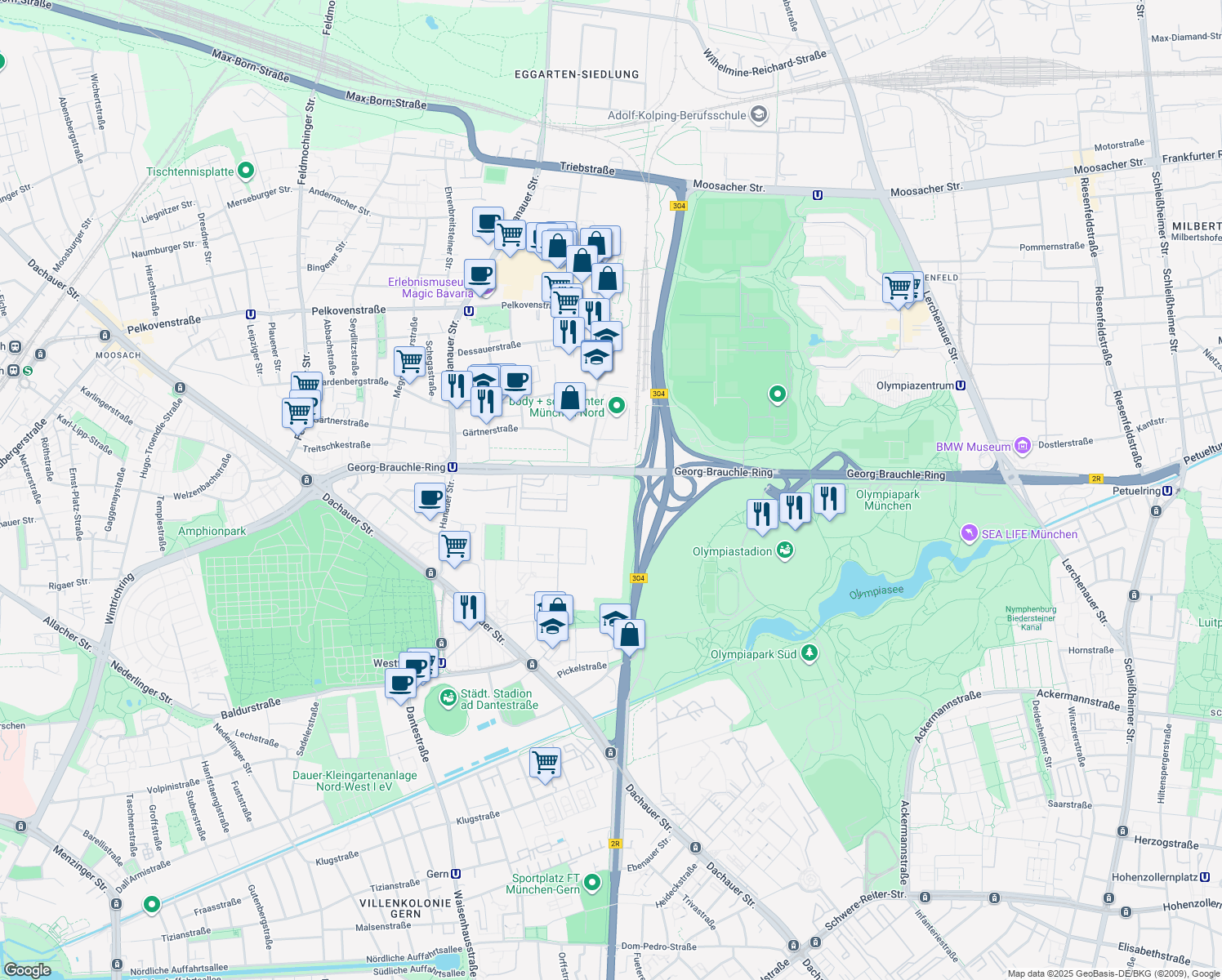 map of restaurants, bars, coffee shops, grocery stores, and more near 23-25 Georg-Brauchle-Ring in München